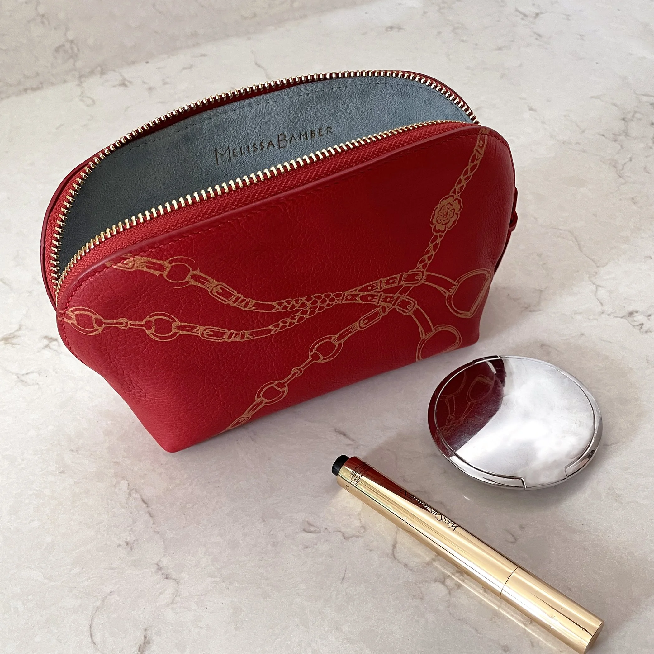 Equestrian themed red leather cosmetics pouch gifts for horse riders equestrian style