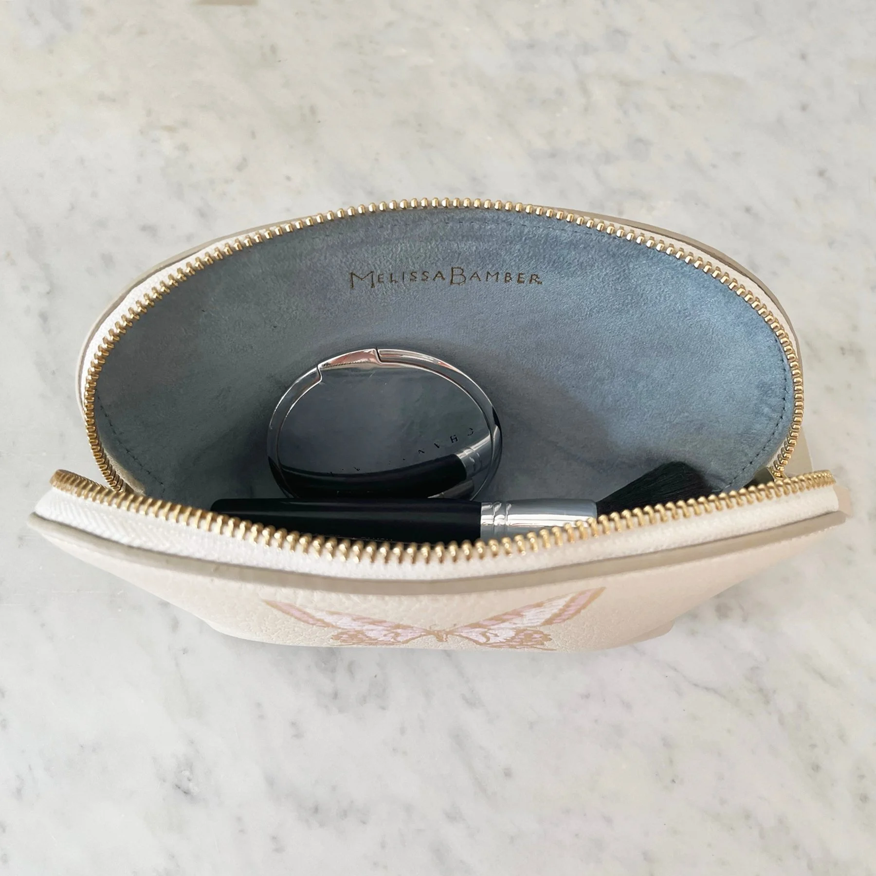 Butterfly cream leather cosmetics pouch, gift for her