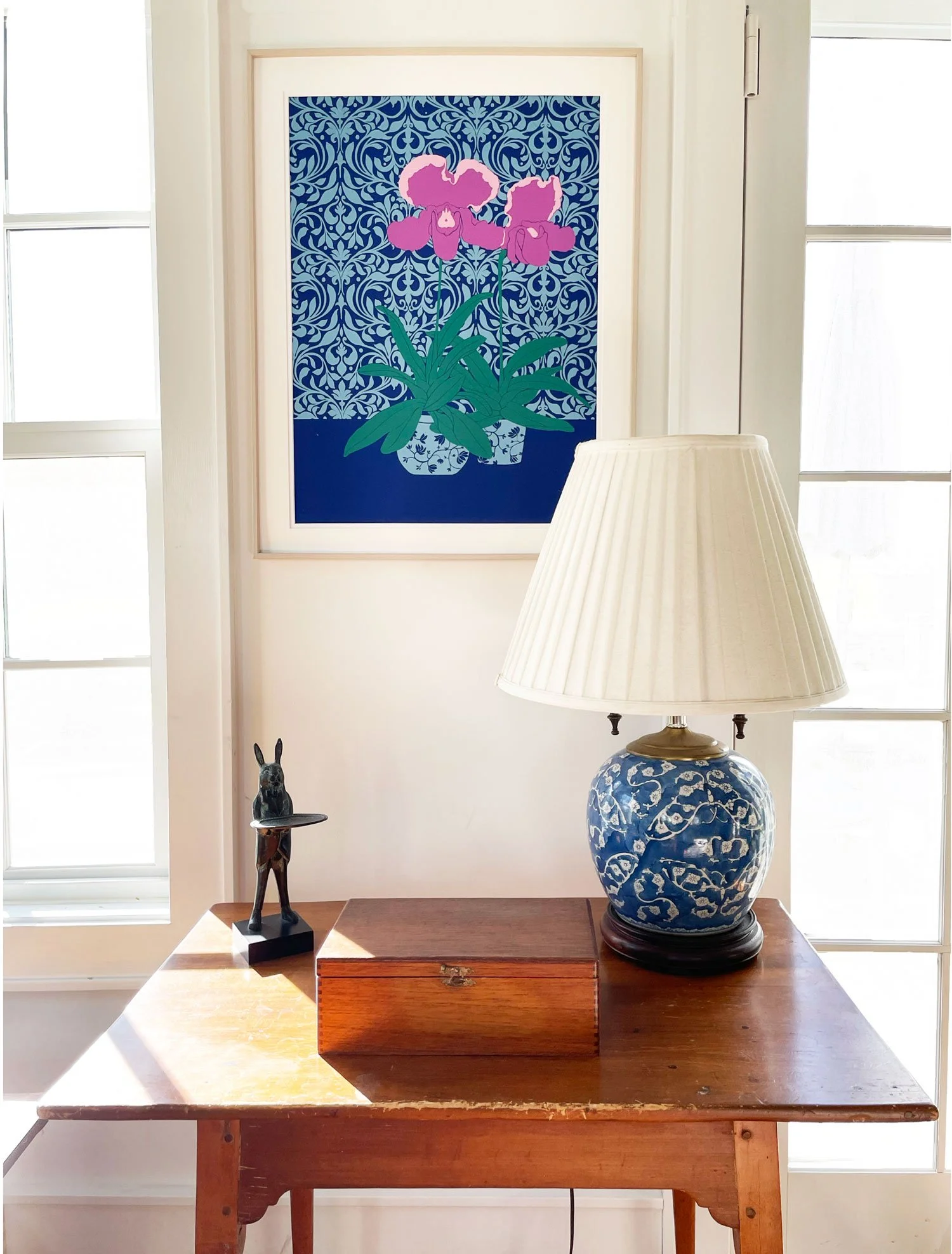 Pink Orchids natural wood framed art print, Blue wallpaper botanical art