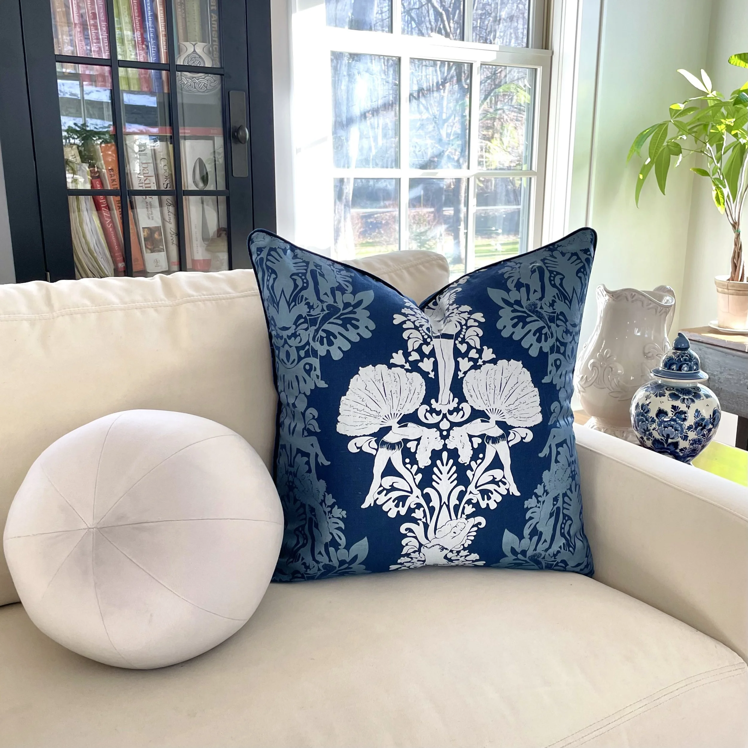 Burlesque dancer decorative throw pillow navy blue and white