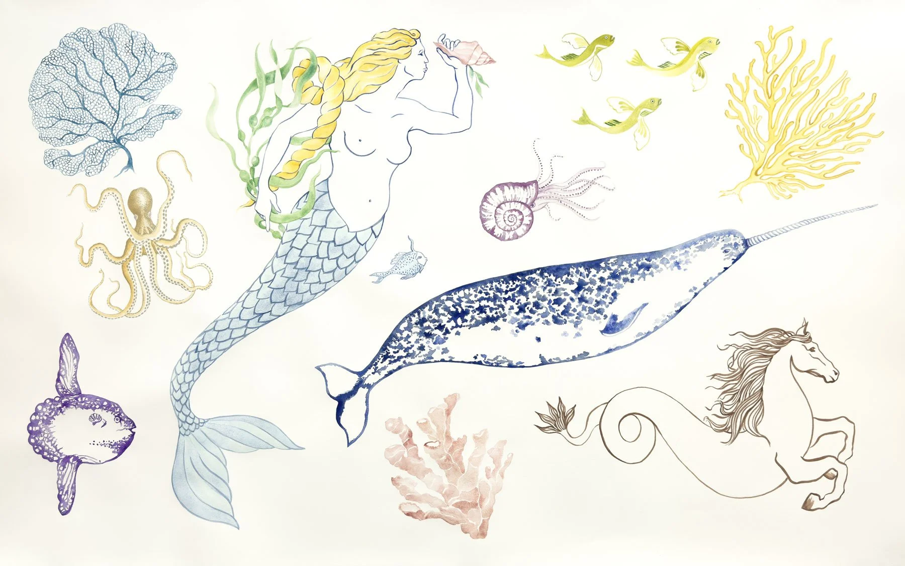 watercolor painting of enchanted mythical sea creatures mermaid hippocampi narwal coral octopus ammonite flying fish and a sunfish in bright colors on a white background