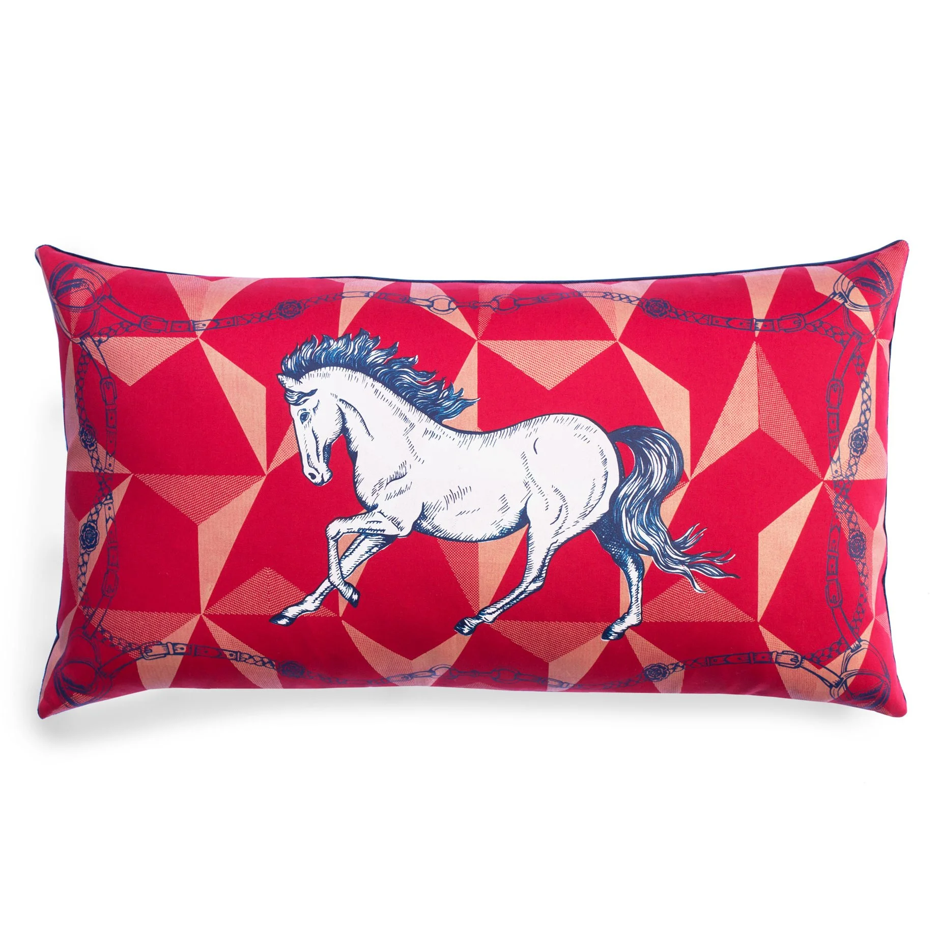 Noble Horse Lumbar Pillow, 22" x 12", Red white and blue, feather down insert.  Equestrian theme, bridle pattern, gold geometric pattern, Decorative throw pillow for bed or armchair