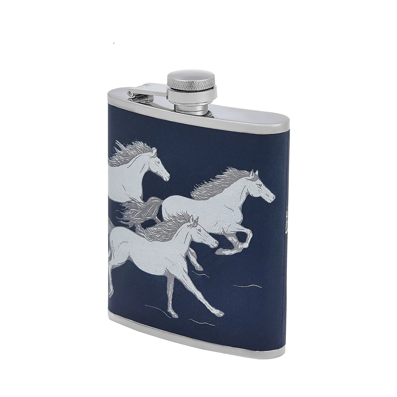 Running Horses Leather Wrapped Hip Flask Navy Blue Barware  Hunter Horse Equestrian Gift