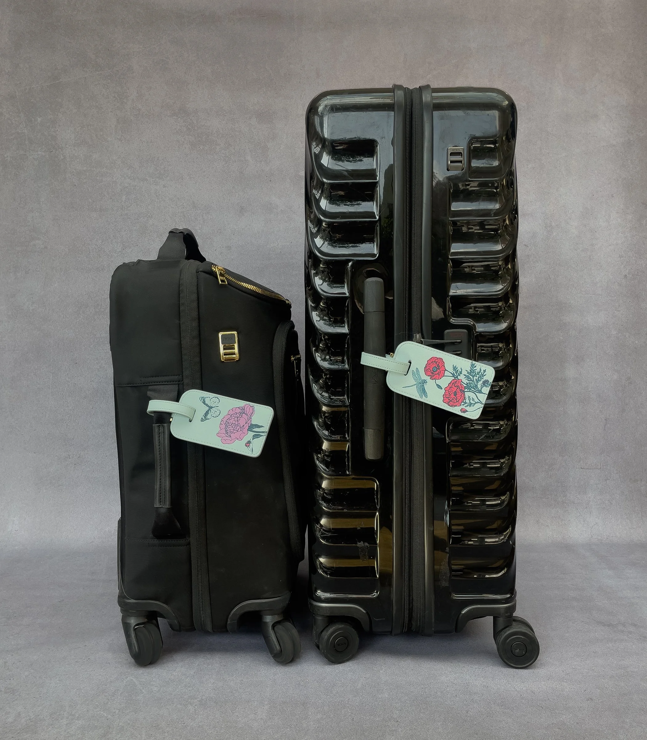 Garden Party Blue Leather luggage tag travel gift set - poppy dragonfly peony butterfly, wedding gift, hostess gift , travel accessories, robin egg blue