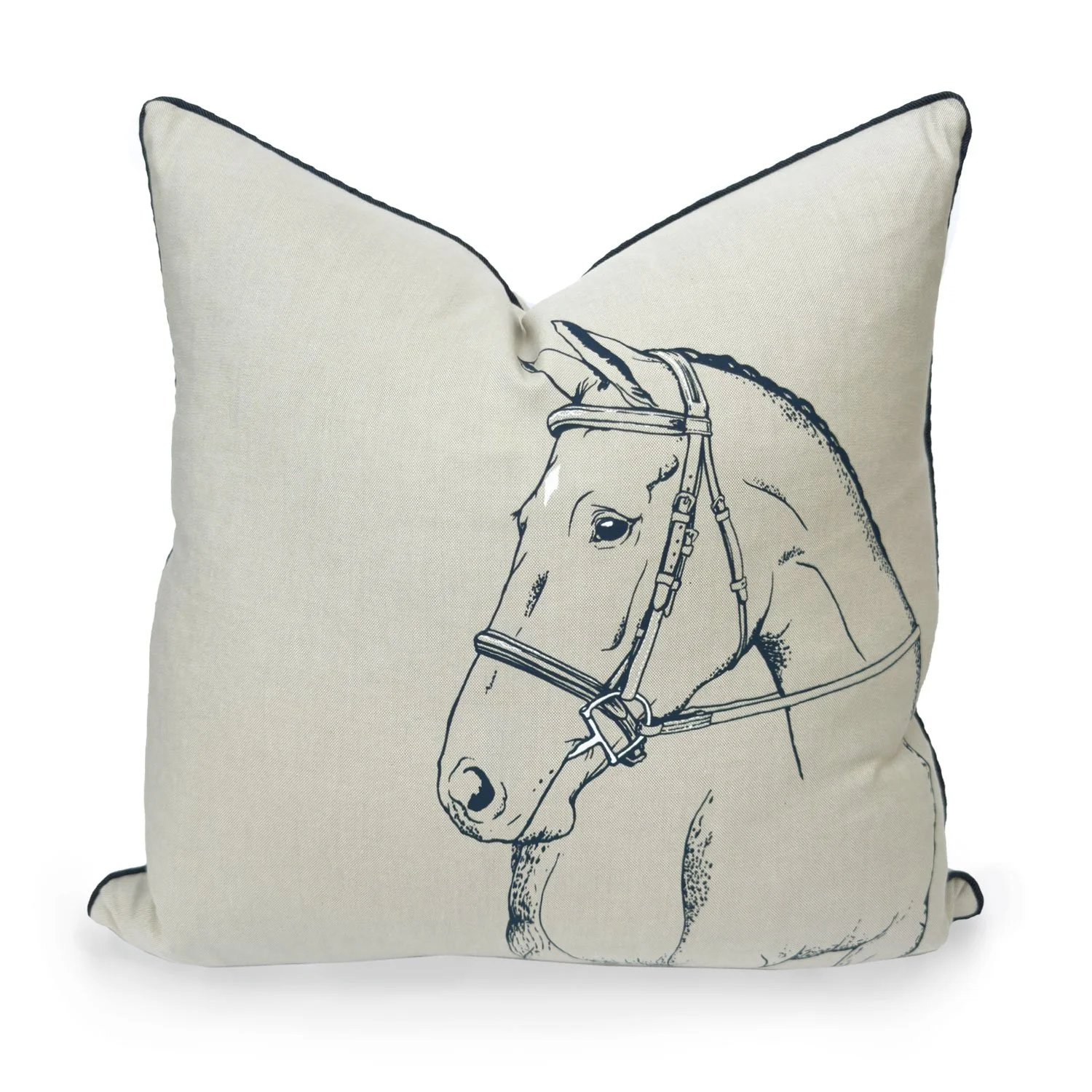 Hunter Horse 20 inch decorative feather throw pillow, equestrian chic country style homes, riding polo,  Taupe pillow_NavyTrim