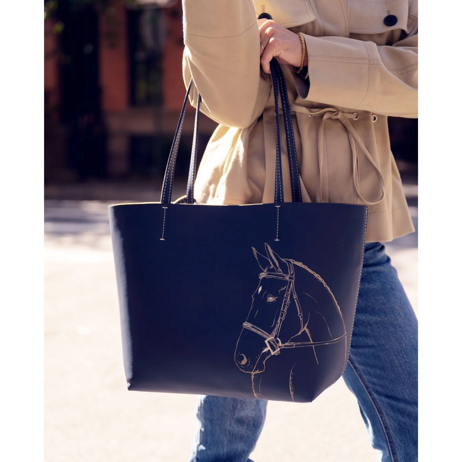 Hunter Horse Leather Tote with matching wristlet, Navy Blue