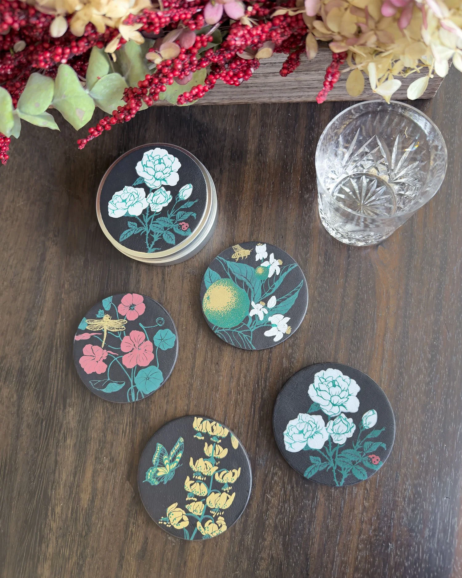 Midnight Garden Botanical Black Leather Coaster Set