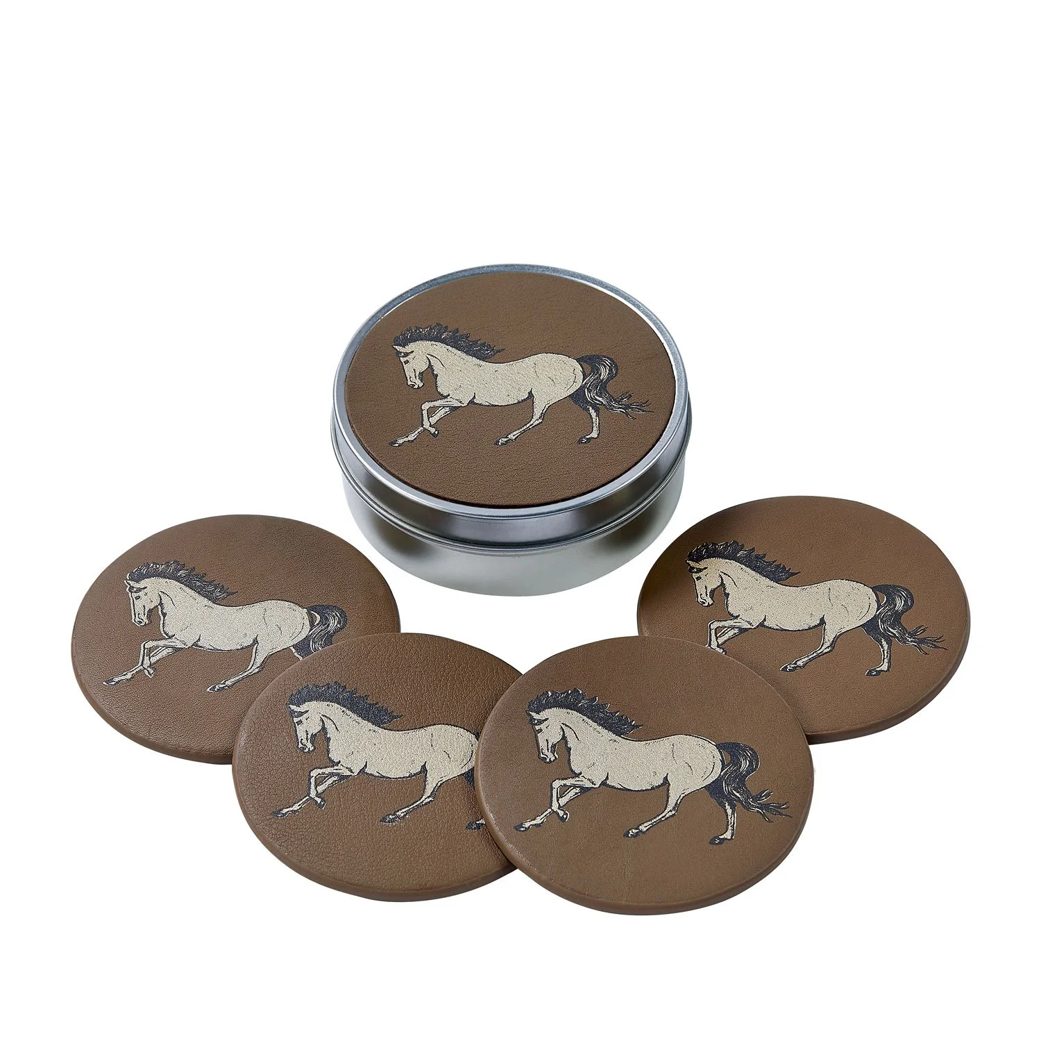 Equestrian Taupe Leather Coasters Gift set Gold horse Rider Trainer Bar ware country home