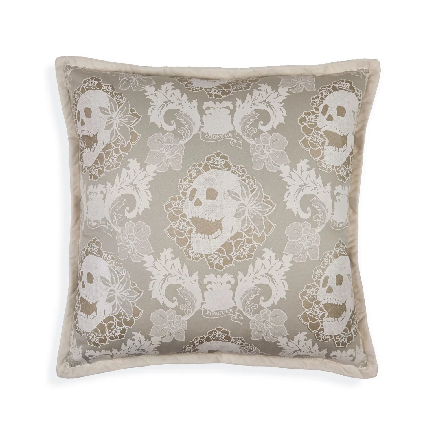 Skulls Damask 20 inch throw pillow accent pillow modern gothic style velvet ribbon trim white and cream