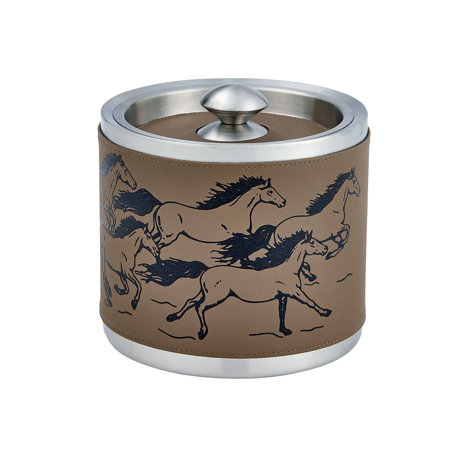 Equestrian bar set taupe leather wrapped ice bucket with tongs running horses