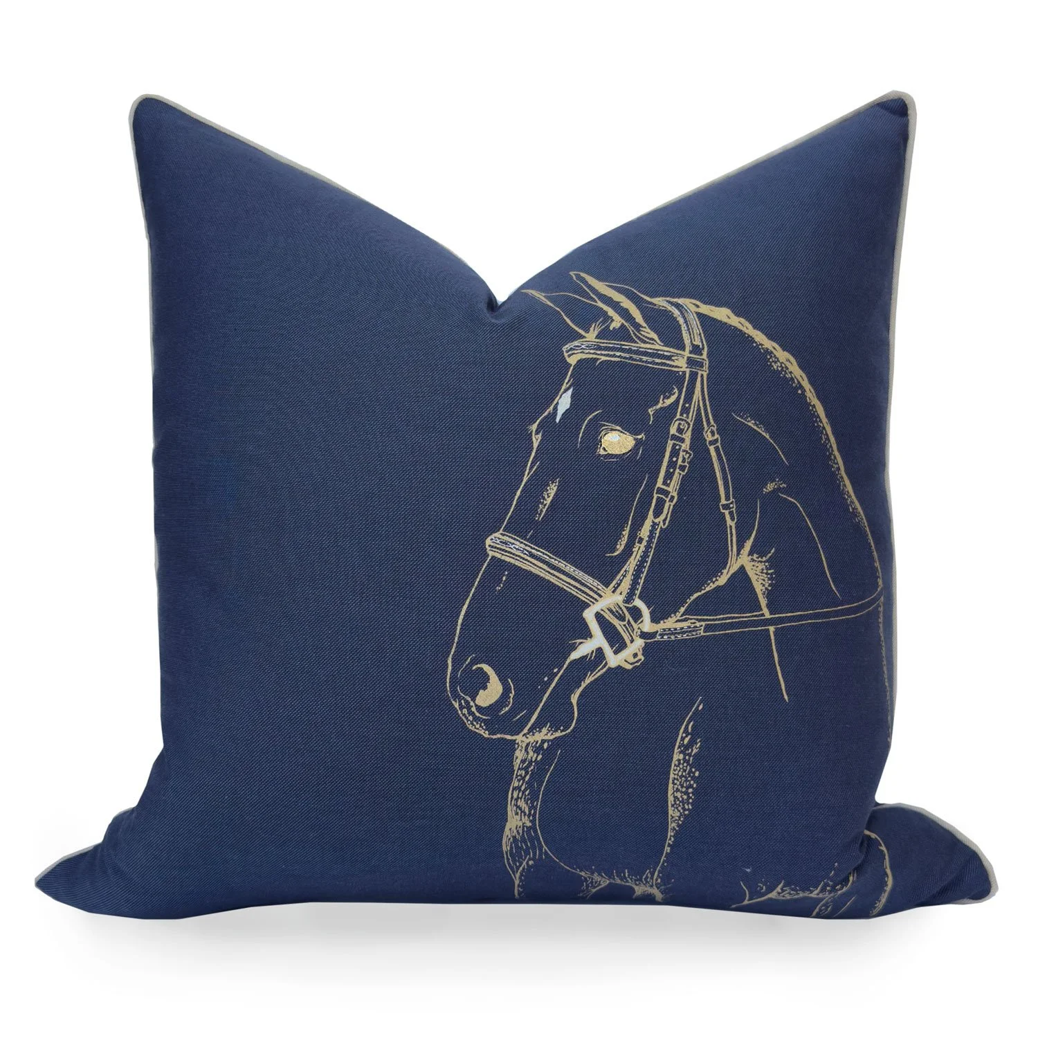 Hunter Horse 20 inch decorative feather throw pillow, equestrian chic country style homes, riding polo,  NavyBlue TaupeTriim