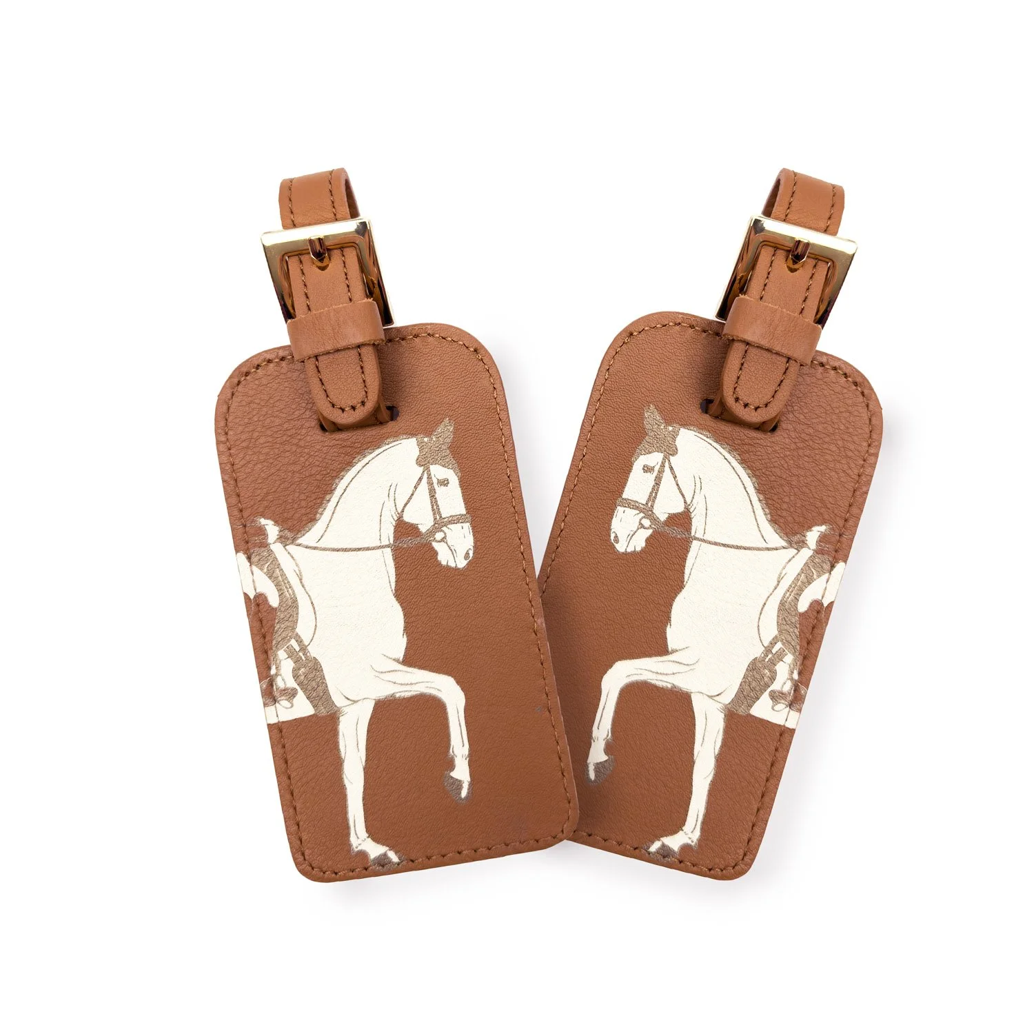 Marching Horse Tan Leather Lugggage Tags Travel Gift set white horses dressage showjumping equestrian holiday gift