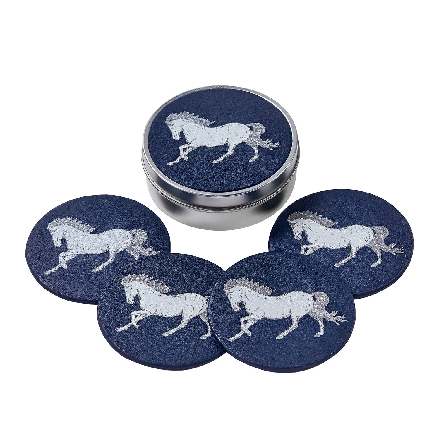 White Horse Leather Coaster Set, Navy Blue