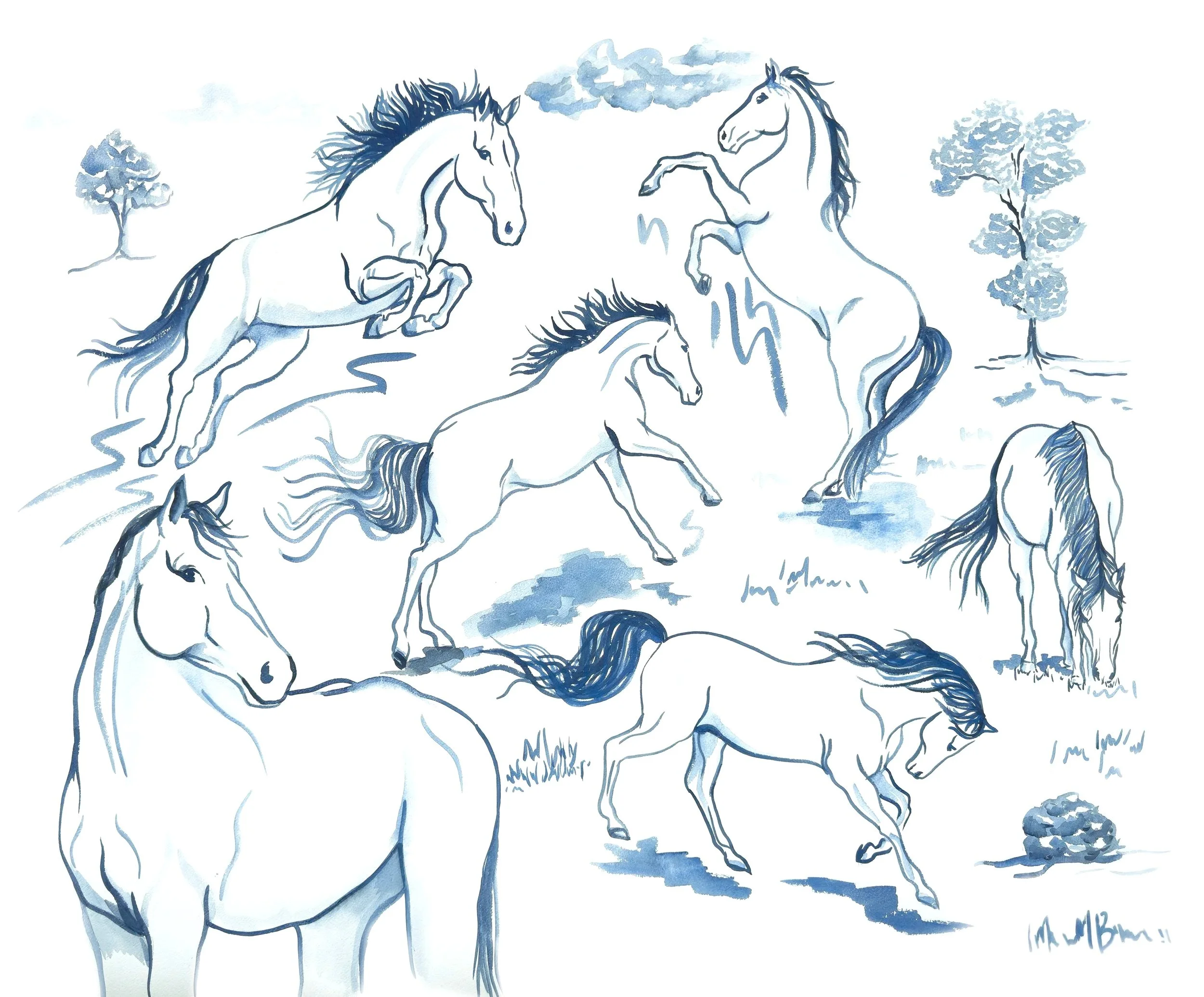 "Spirited Horses"  Original Watercolor