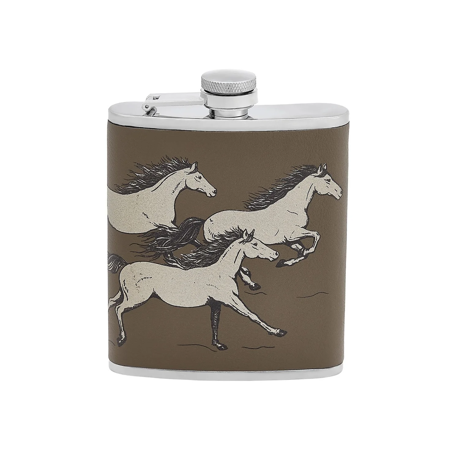 Running Horses Hip Flask Taupe Leather Gold barware equestrian chic