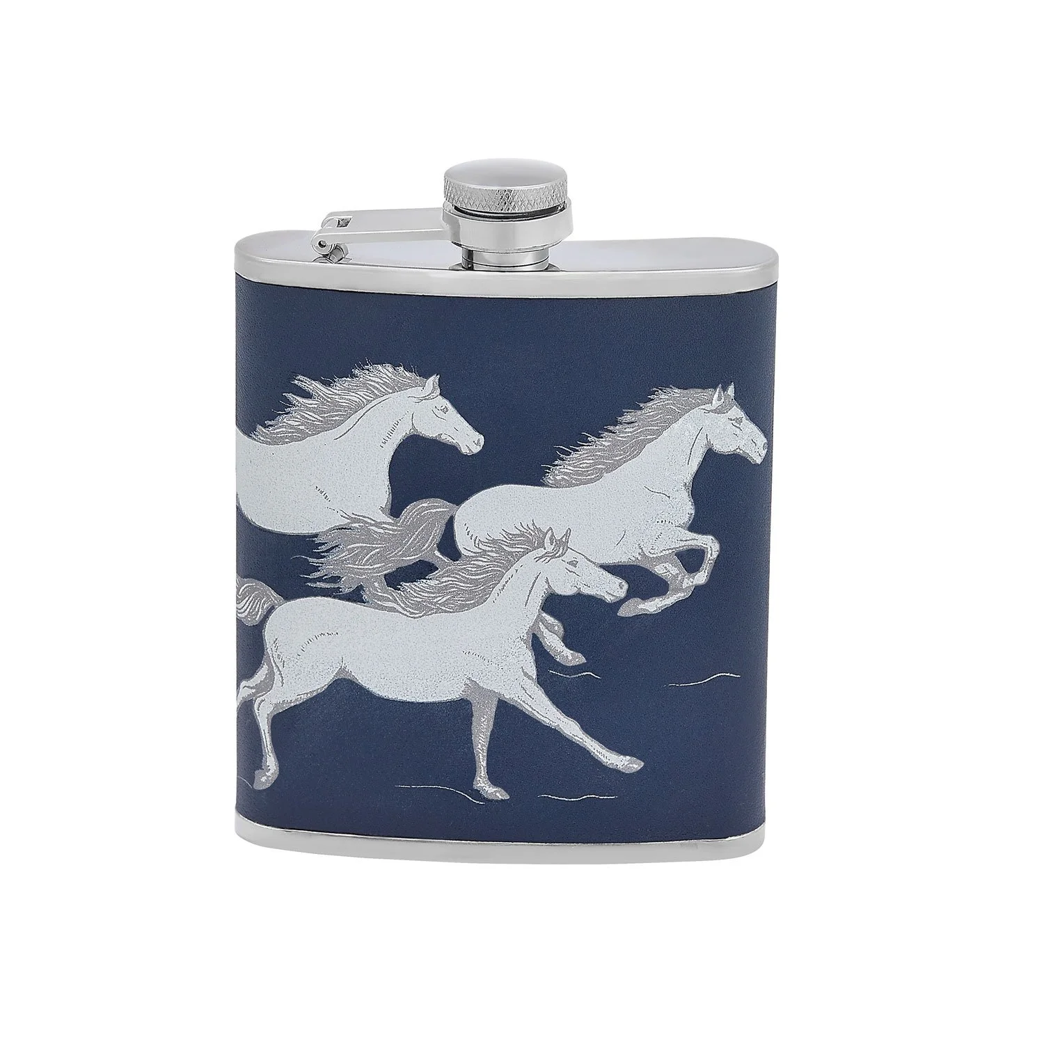 Running Horses Leather Wrapped Hip Flask Navy Blue Barware  Hunter Horse Equestrian Gift