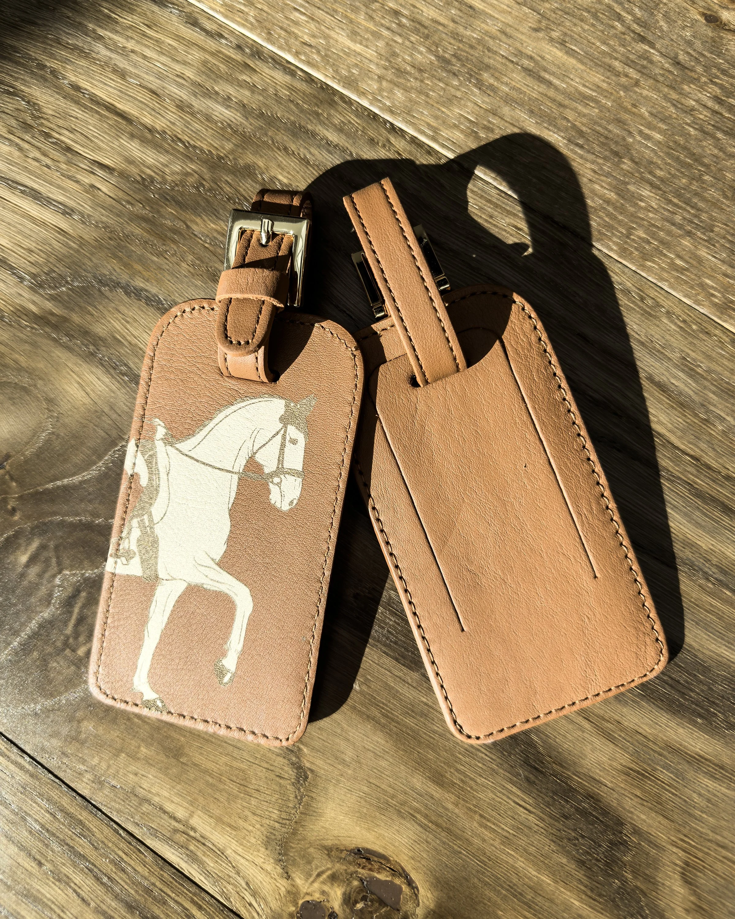 Marching Horse Tan Leather Lugggage Tags Travel Gift set white horses dressage showjumping equestrian holiday gift