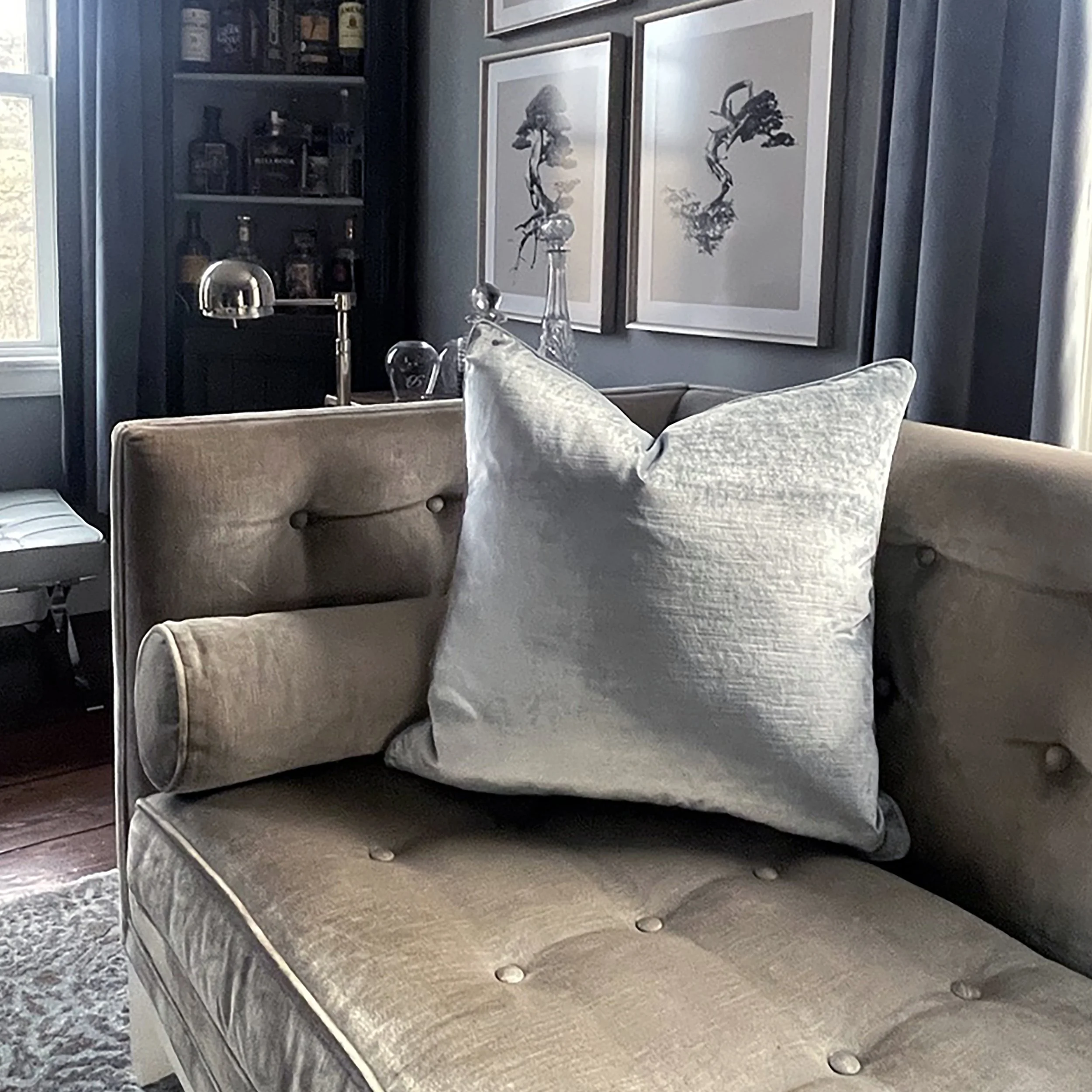 Shimmering Silver Blue Velvet Throw Pillow 22" pillow luxury living room modern contemporary home hollywood glamour luxury interiors bedroom design