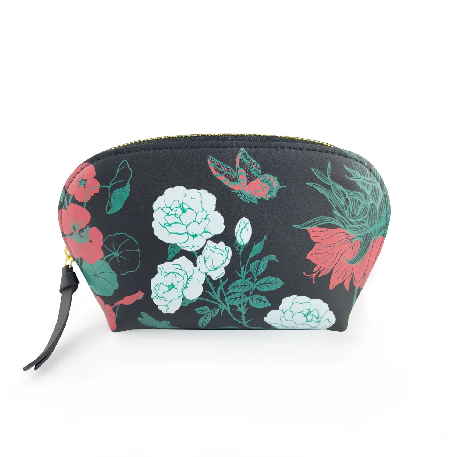 Midnight Garden, Botanical design, Black leather cosmetics pouch, make up bag, travel gift, flowers, gardenia, neroli butterfly bee