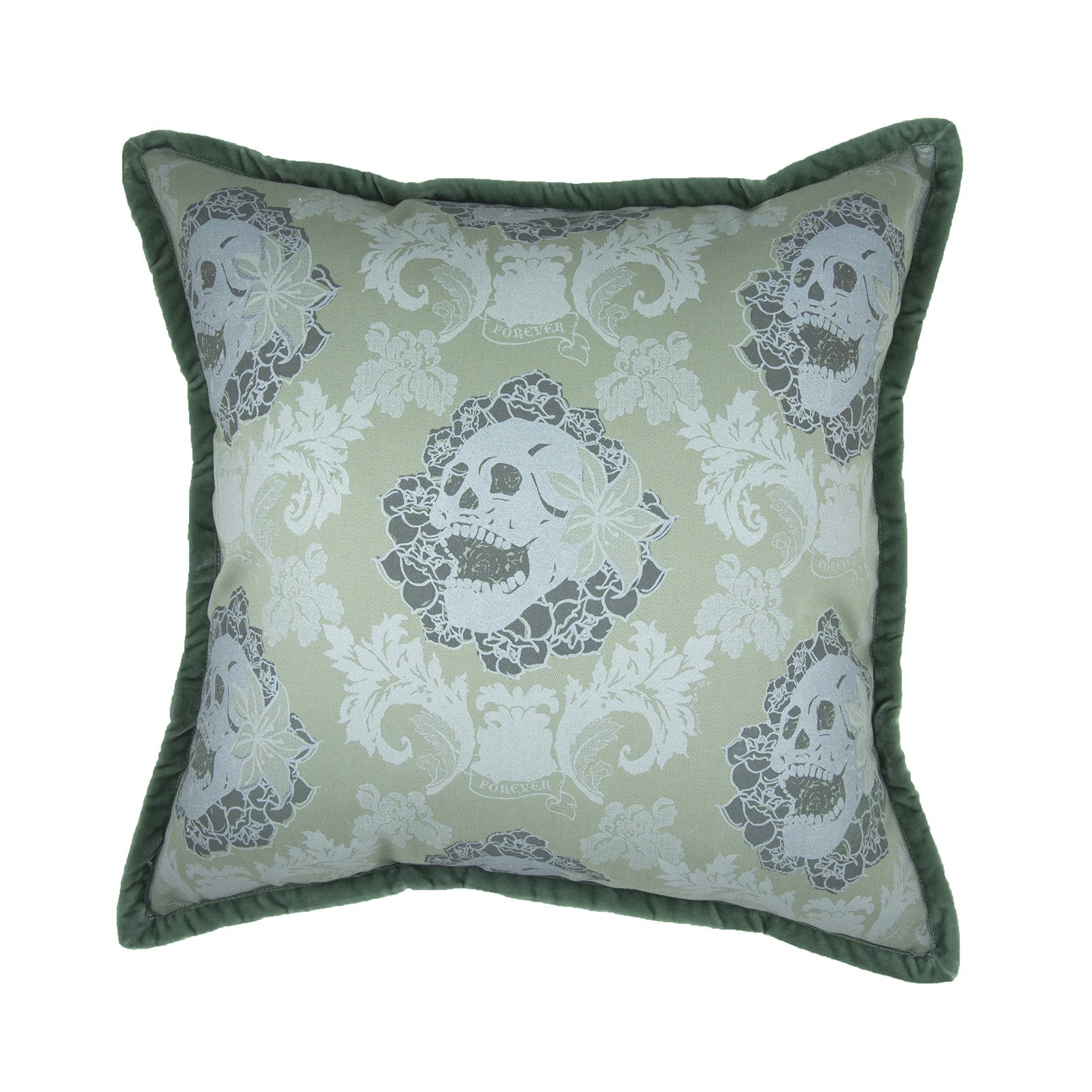 Skulls Damask 20 inch throw pillow accent pillow modern gothic style velvet ribbon trim mint green silver