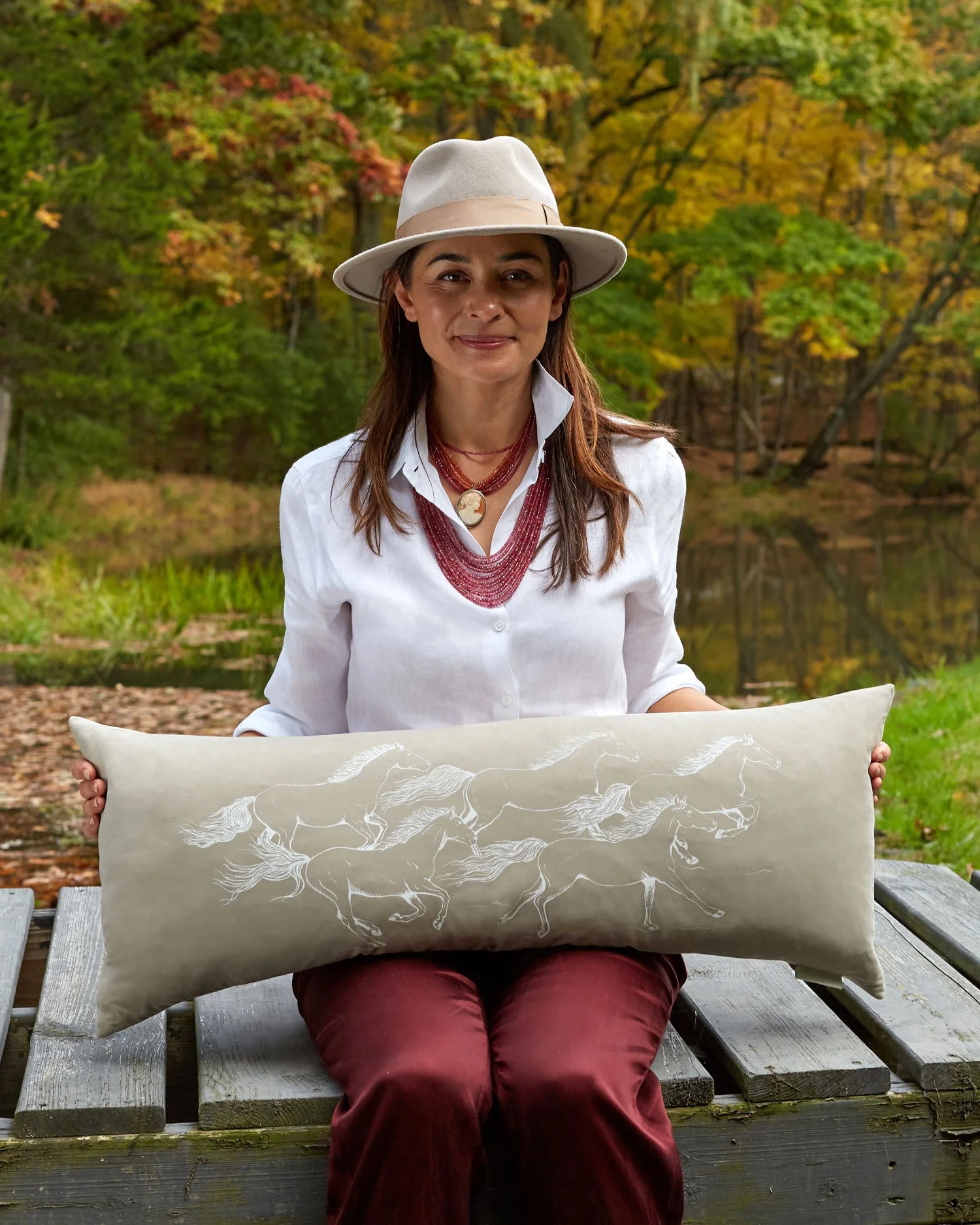 Running Horses Long Lumbar Pillow Taupe Cream decorative bed pillow sofa equestrian country style neutral bedroom decor