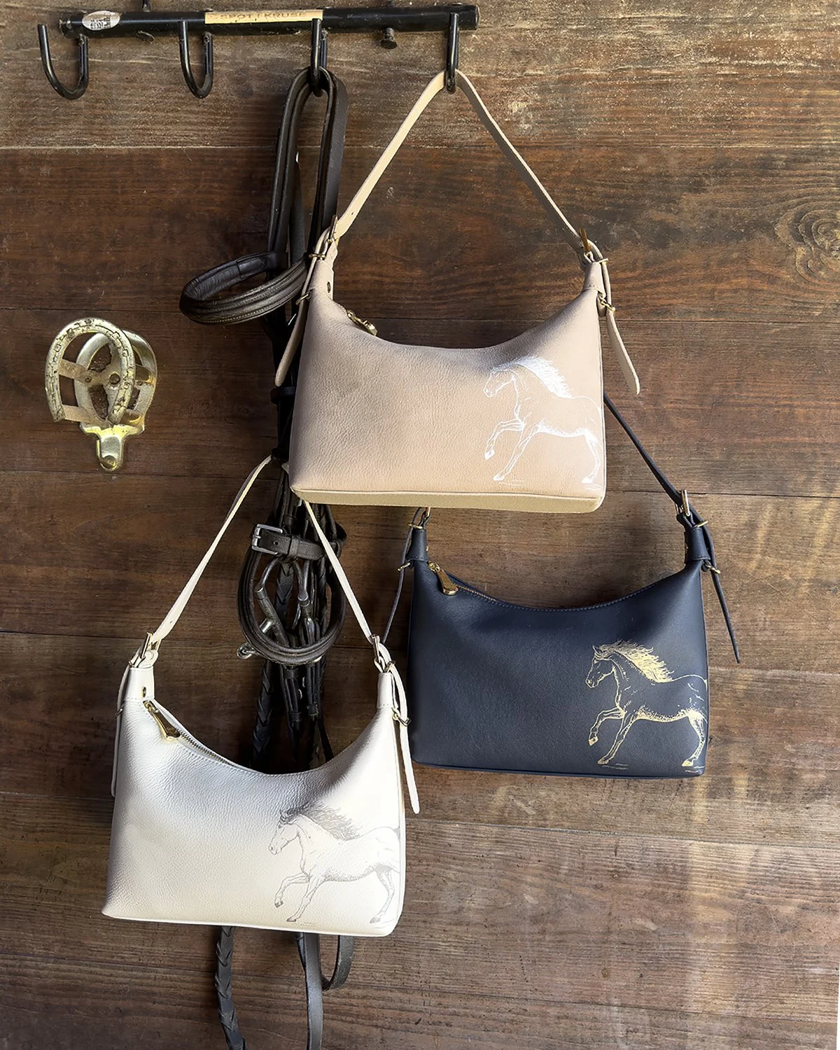 Graceful Horse Leather Shoulder Bag, Classic Navy Blue