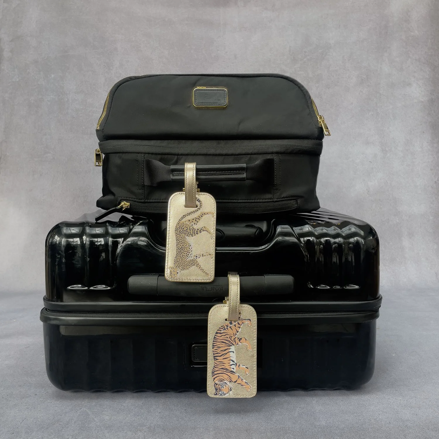 Tiger and Cheetah Gold Leather Luggage Tags, Boxed Gift Set