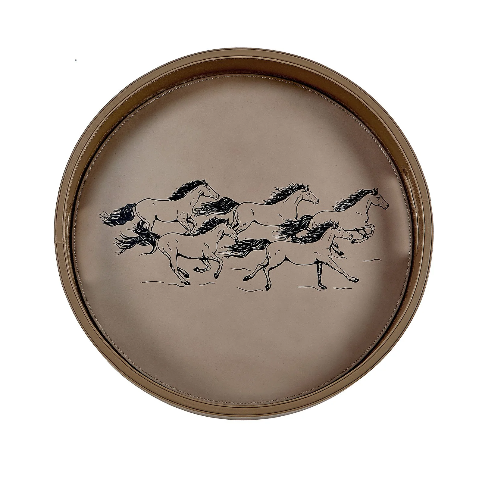 Taupe Leather Round Bar Tray Running Horses Entertaining Barware Serving tray Taupe tan black