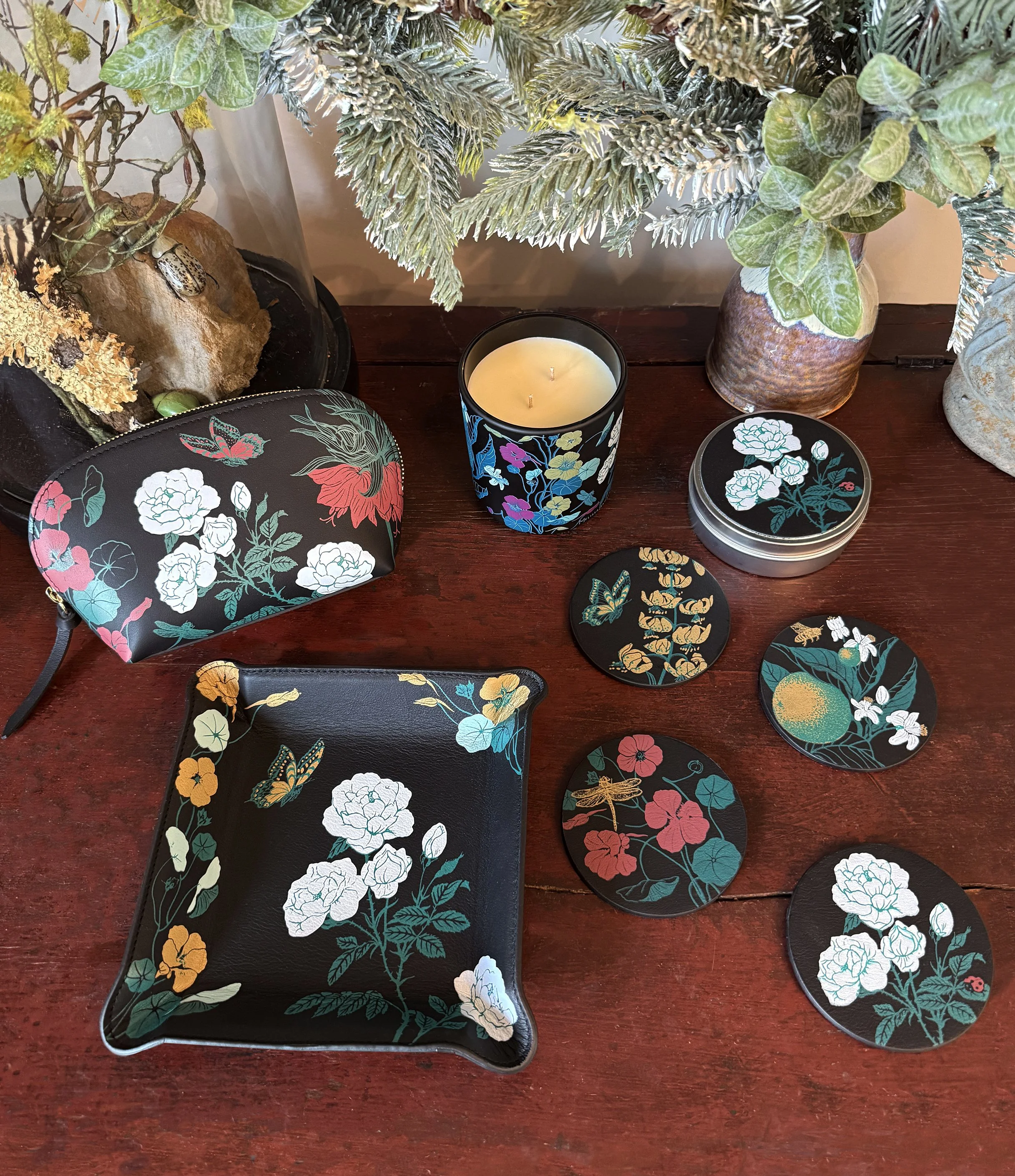 Midnight Garden Botanical Black Leather Coasters gift set flowers insects gifts for gardeners