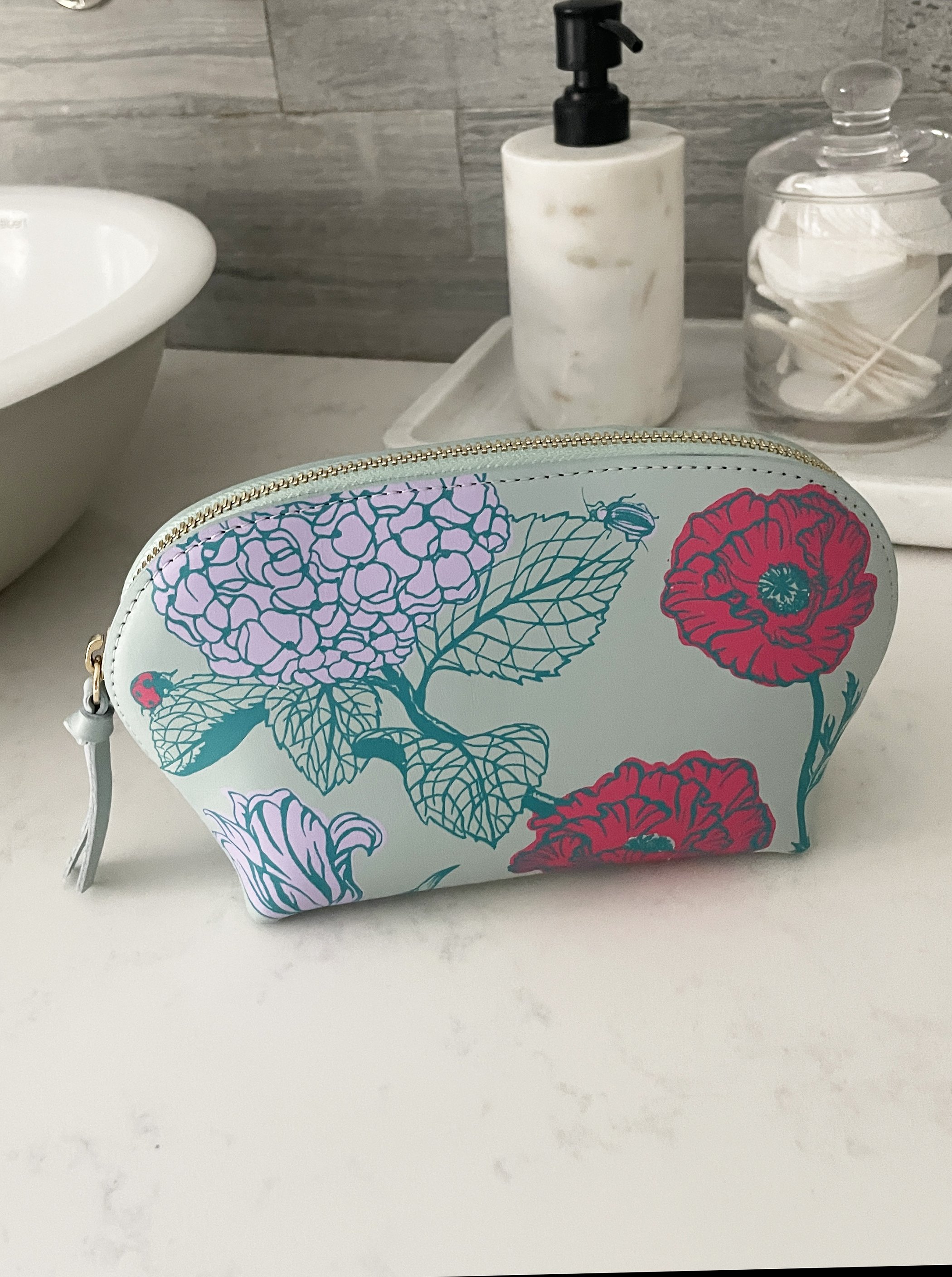 Garden Party Leather Cosmetics Pouch, Teal