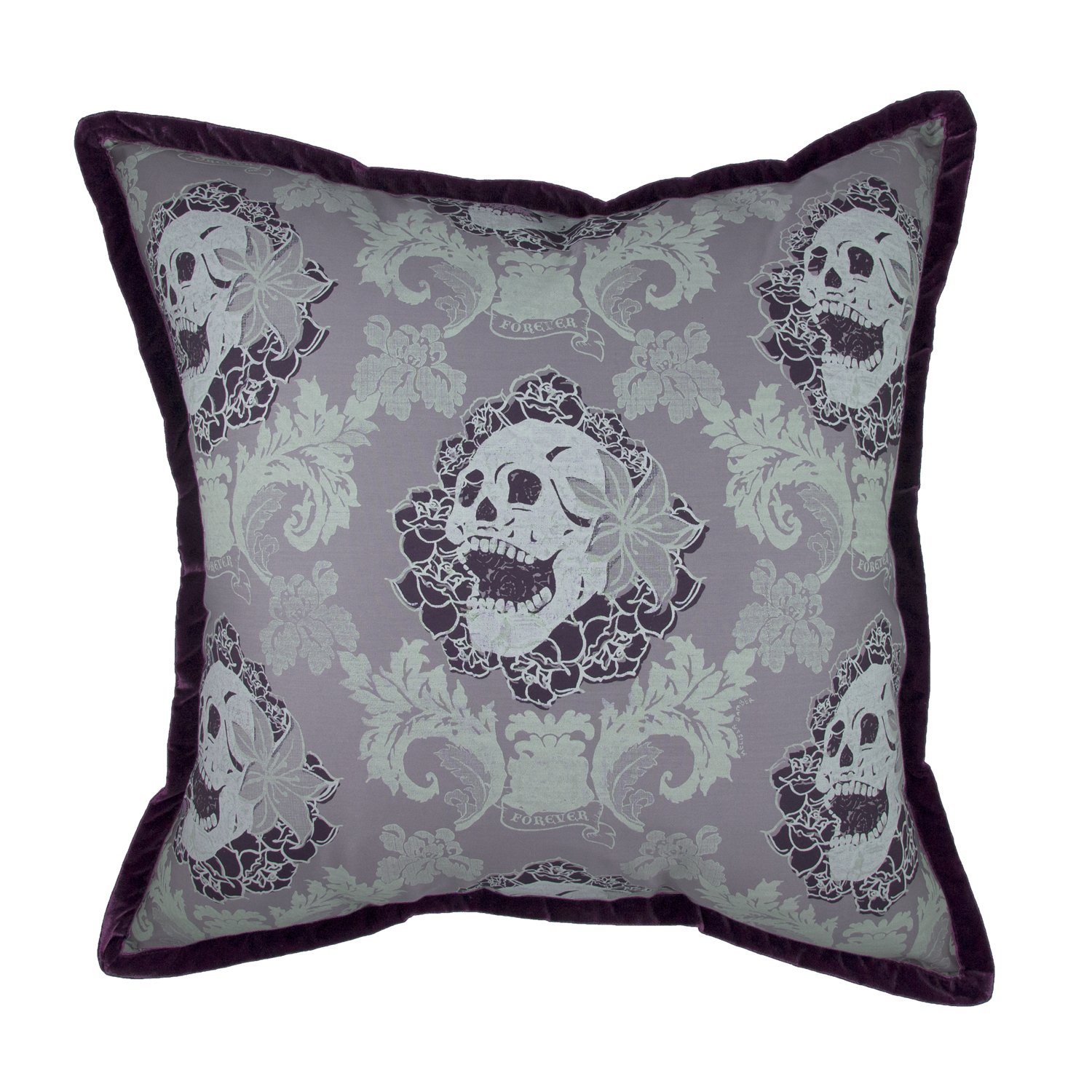 Skulls Damask 20 inch throw pillow accent pillow modern gothic style velvet ribbon trim eggplant purple lilac