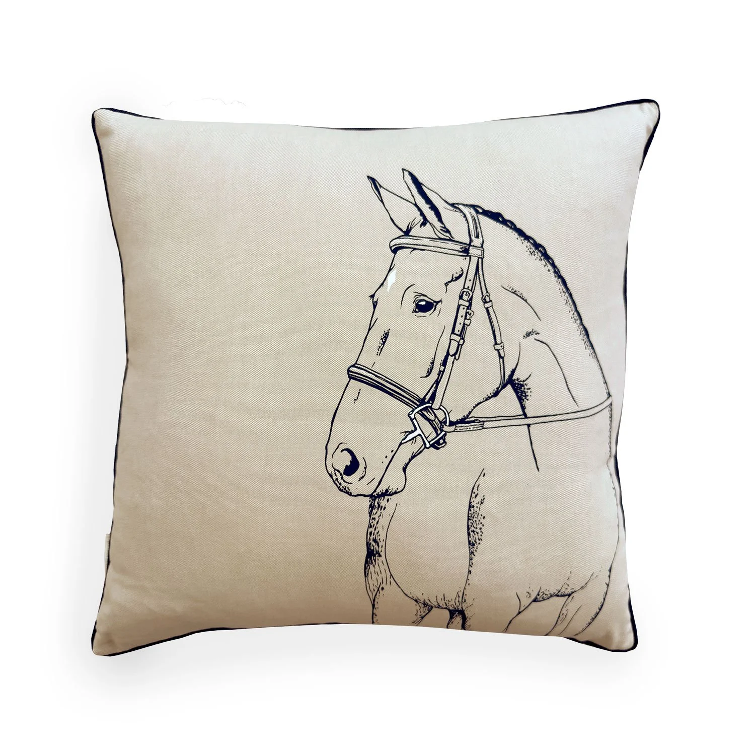 Hunter Horse 20 inch decorative feather throw pillow, equestrian chic country style homes, riding polo,  Taupe pillow_NavyTrim