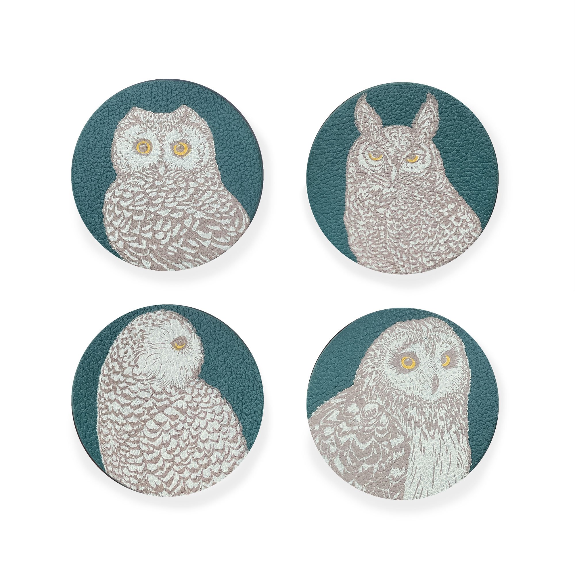 4 Owls Leather Coaster gift set, Agean Green,  Holiday Gift, Forest green, Woodland,  barware, Cocktail set