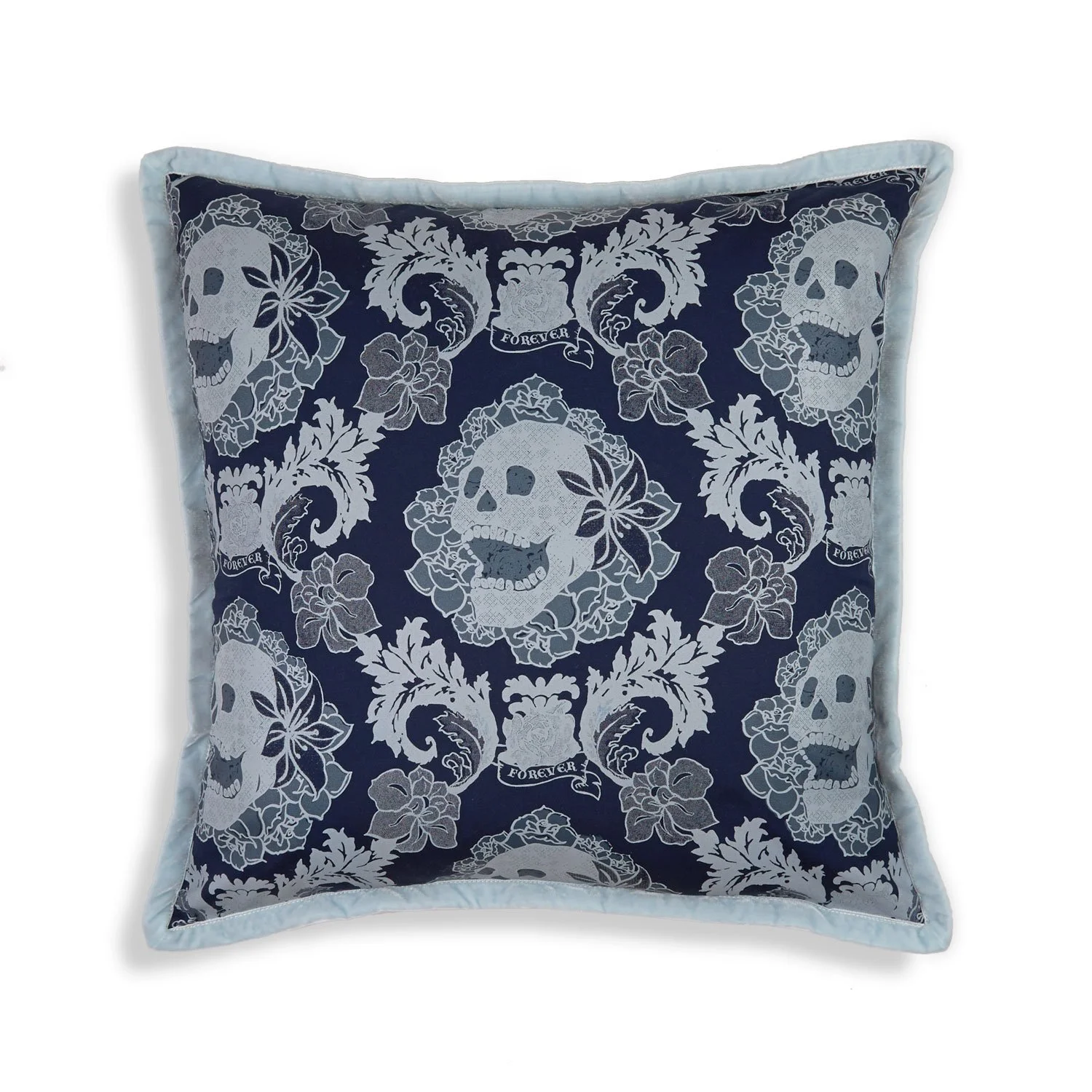 Skulls Damask 20 inch throw pillow accent pillow modern gothic style velvet ribbon trim navy blue