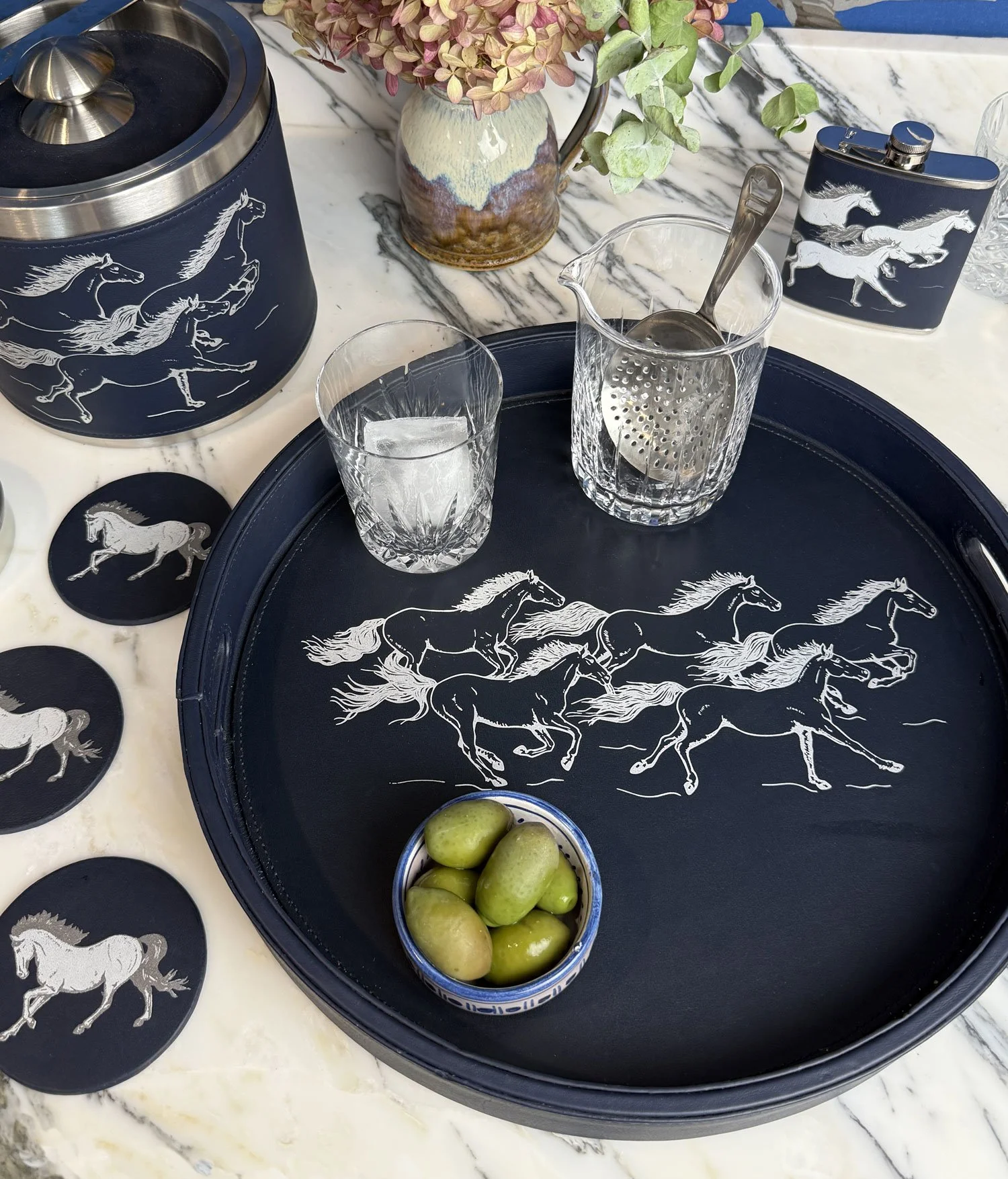 Equestrian Chic Navy blue Leather Coaster gift set WhiteHorse rider trainer country home