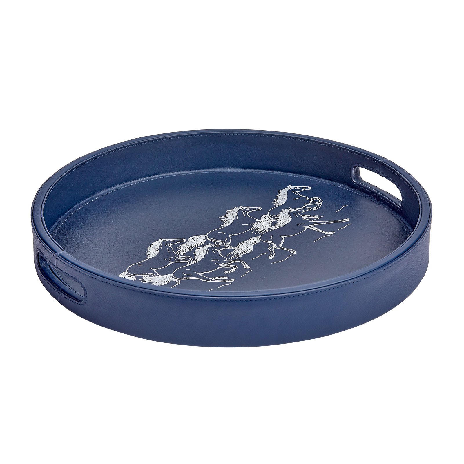 Running Horses Round Leather Bar Tray Navy Blue Silver Hostess Gift Tabletop Luxury lounge