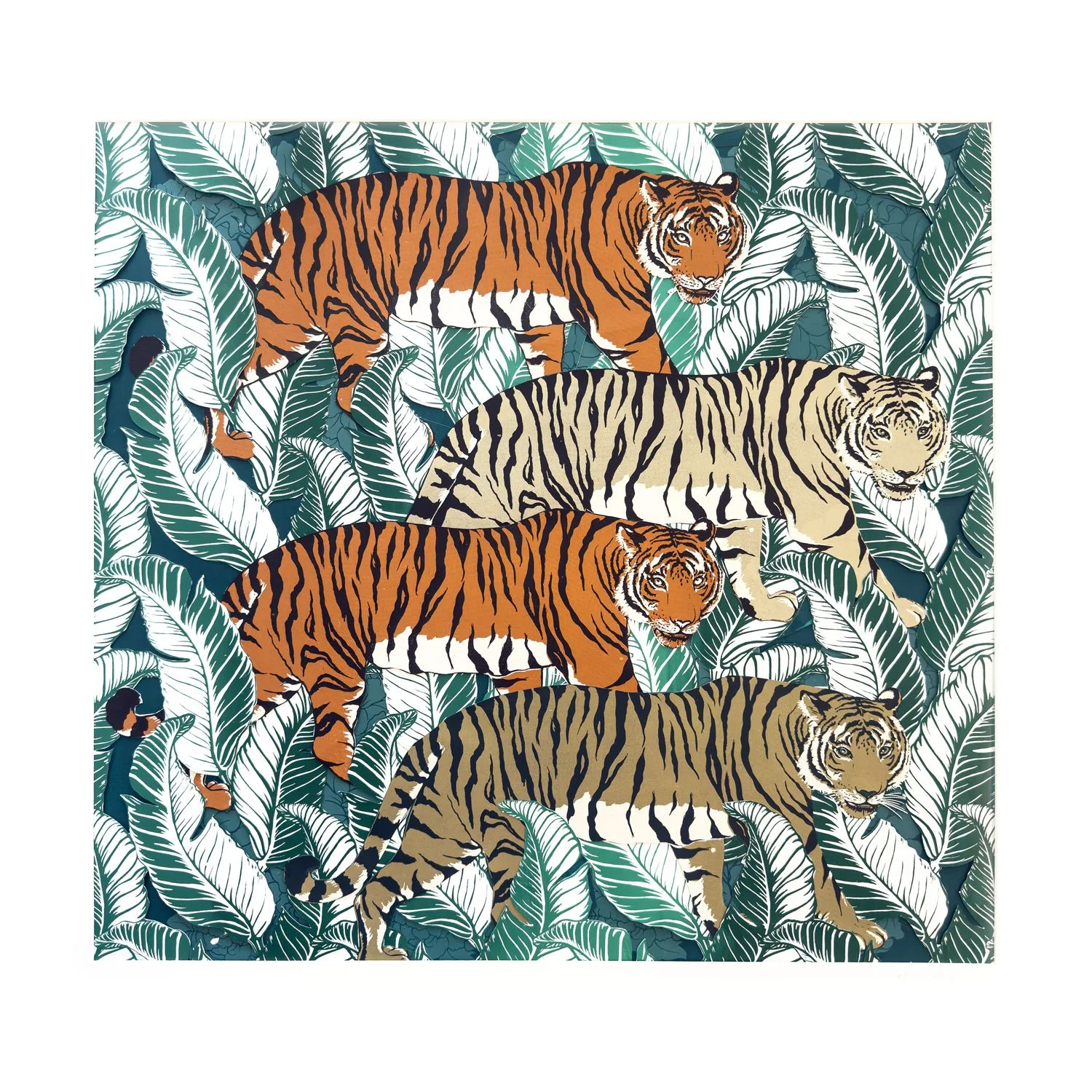 Four Tigers_OriginalArtCollage_Ferns_jungle