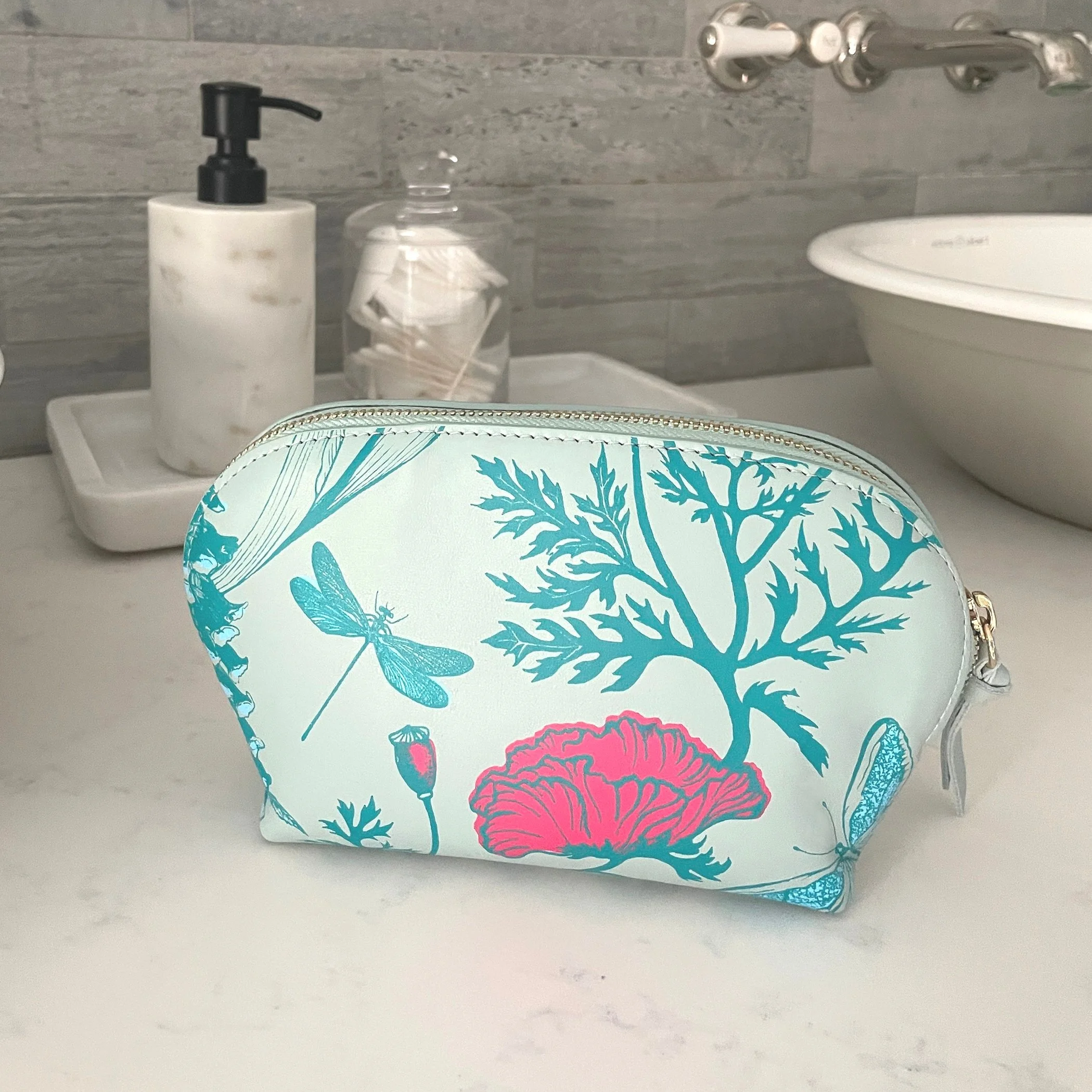 Garden Party Teal Leather Cosmetics Pouch, Make up bag, Travel pouch, summer flowers, hydrangea, insects, poppy, tulips, ladybug, dragonfly, butterfly
