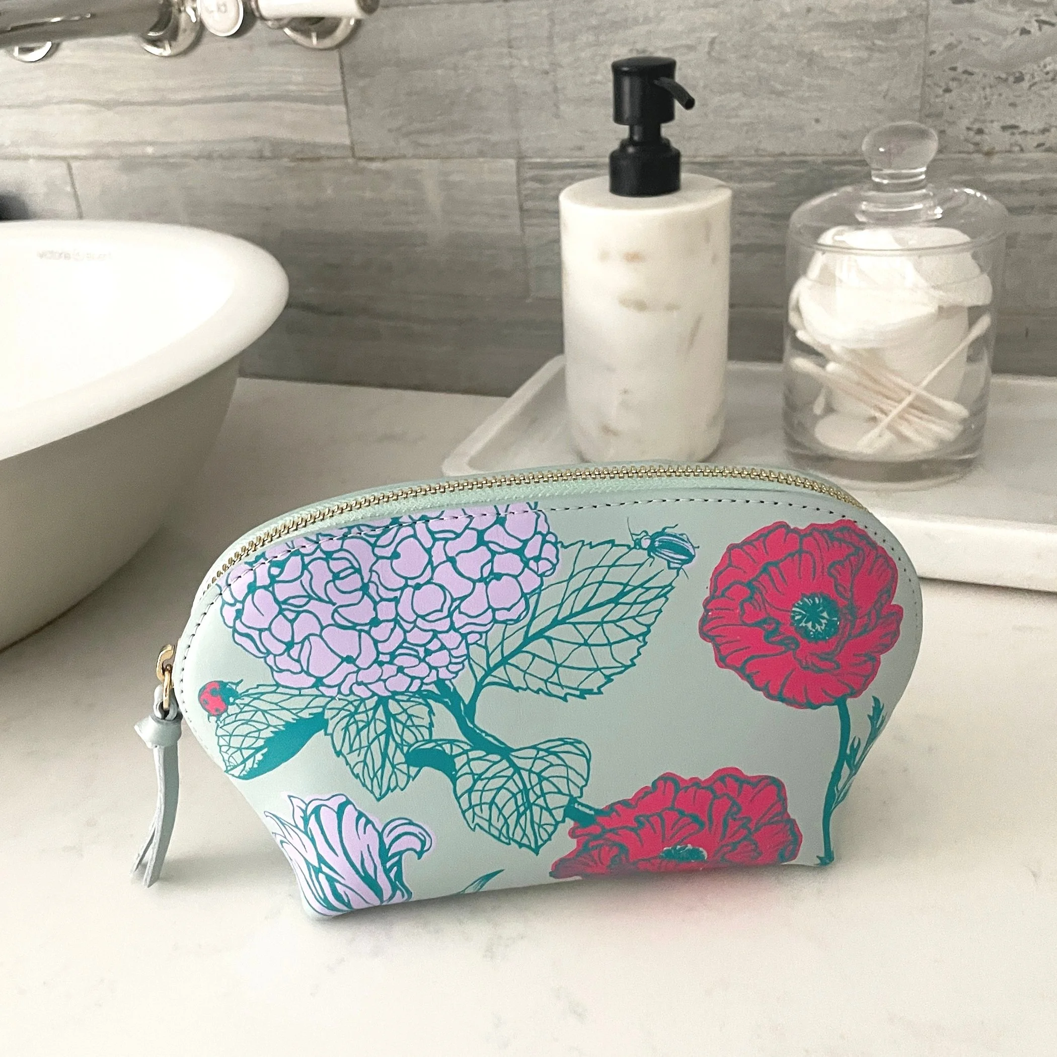 Garden Party Teal Leather Cosmetics Pouch, Make up bag, Travel pouch, summer flowers, hydrangea, insects, poppy, tulips, ladybug, dragonfly, butterfly