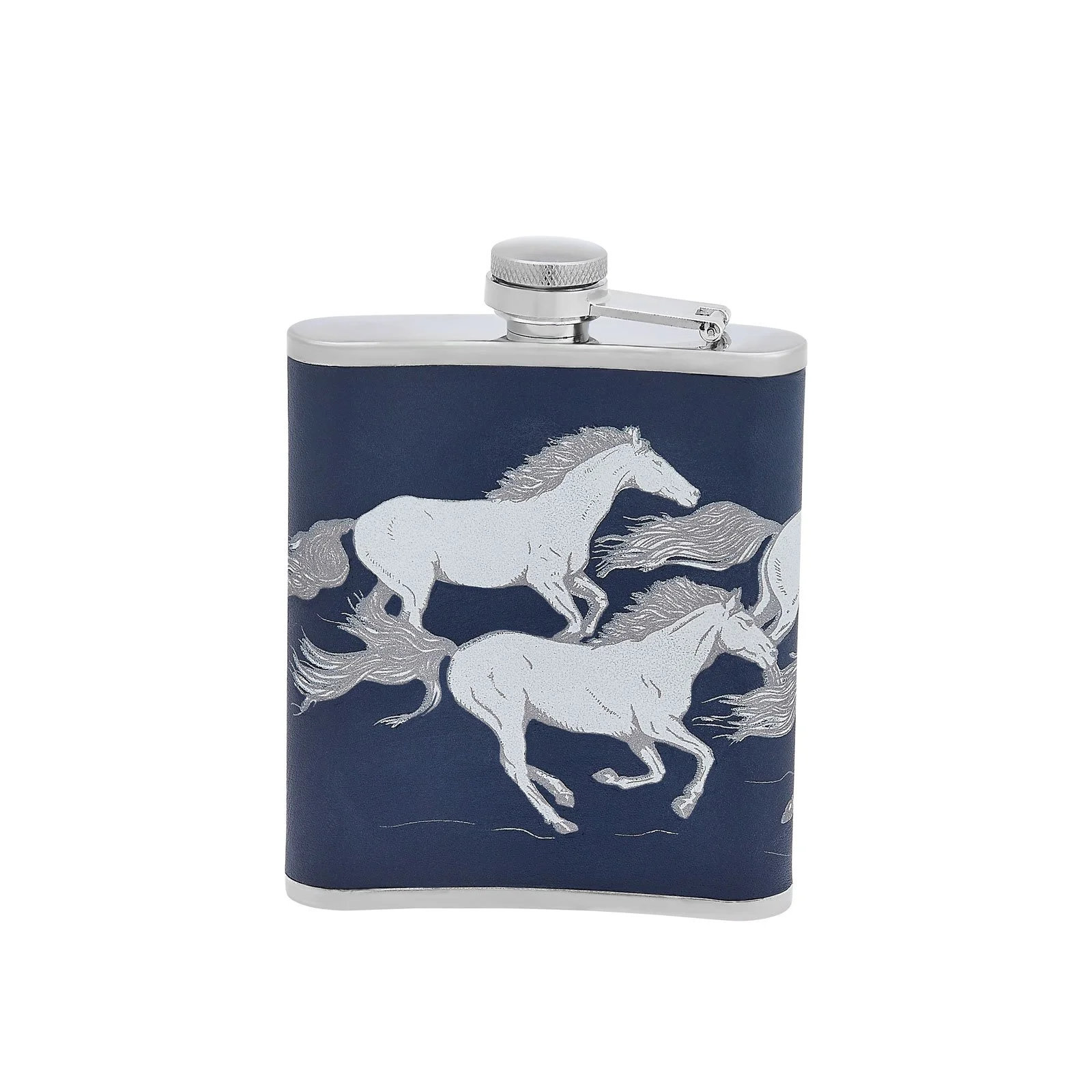 Running Horses Leather Wrapped Hip Flask Navy Blue Barware  Hunter Horse Equestrian Gift