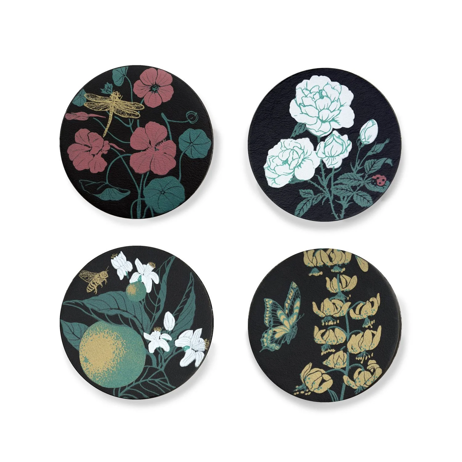 Midnight Garden Botanical Black Leather Coasters gift set flowers insects gifts for gardeners