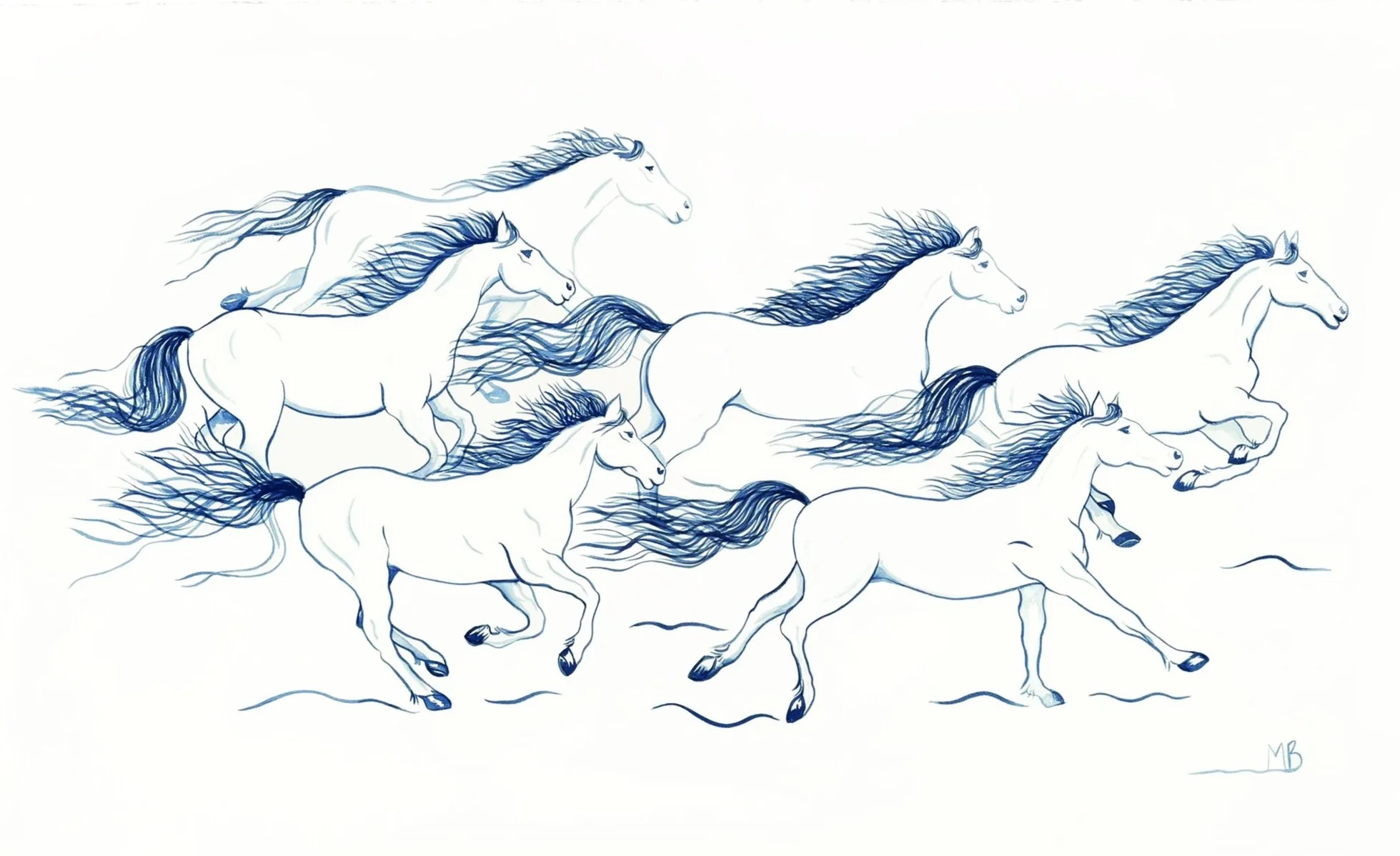 Drawing of multiple wild horses running with flowing manes on a white background.