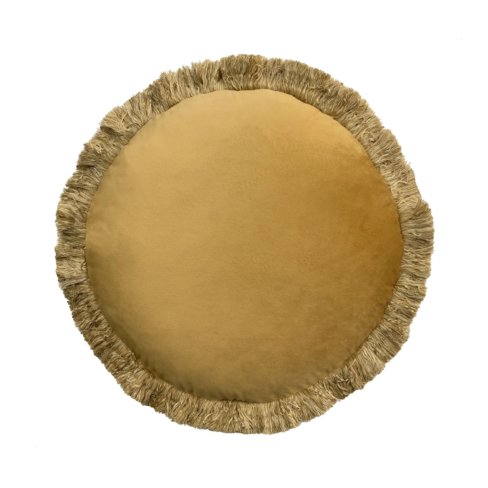 Honey Gold Velvet circle pillow with fringe, fun throw pillow, meditation pillow, round pillow, gold velvet