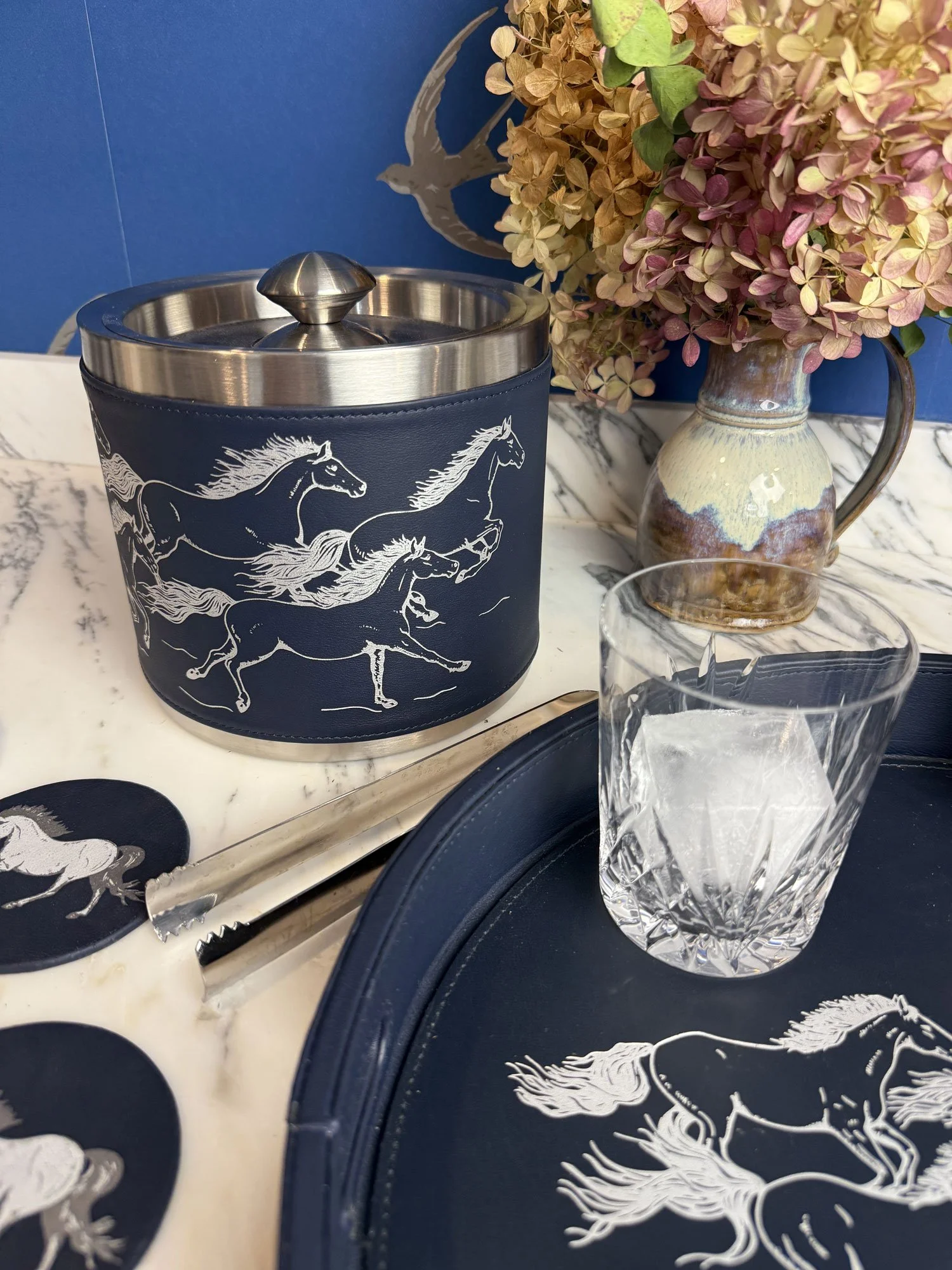 Running Horses Leather Ice Bucket, Navy Blue & Silver