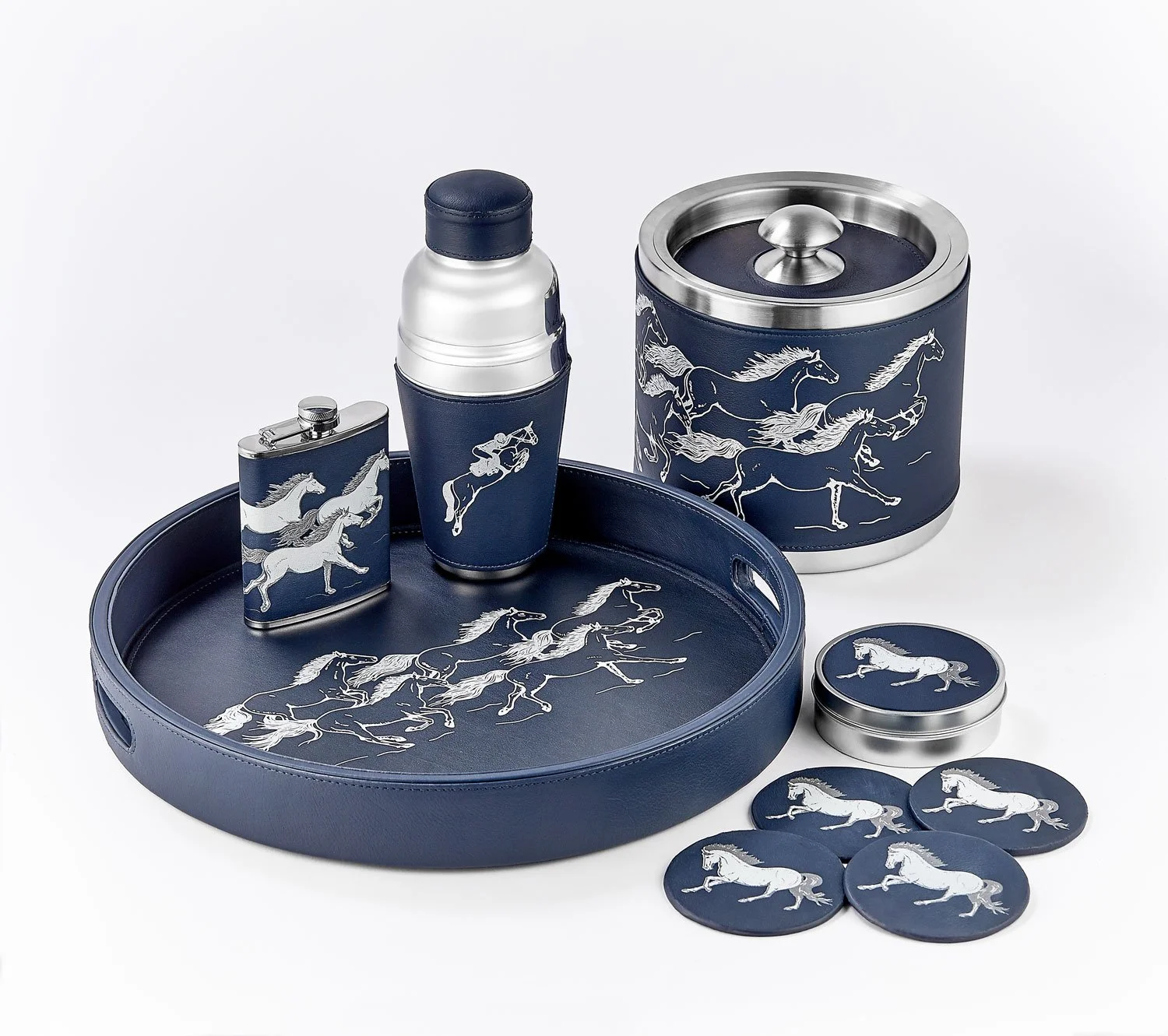 Running Horses Leather Wrapped Hip Flask, Navy Blue and White