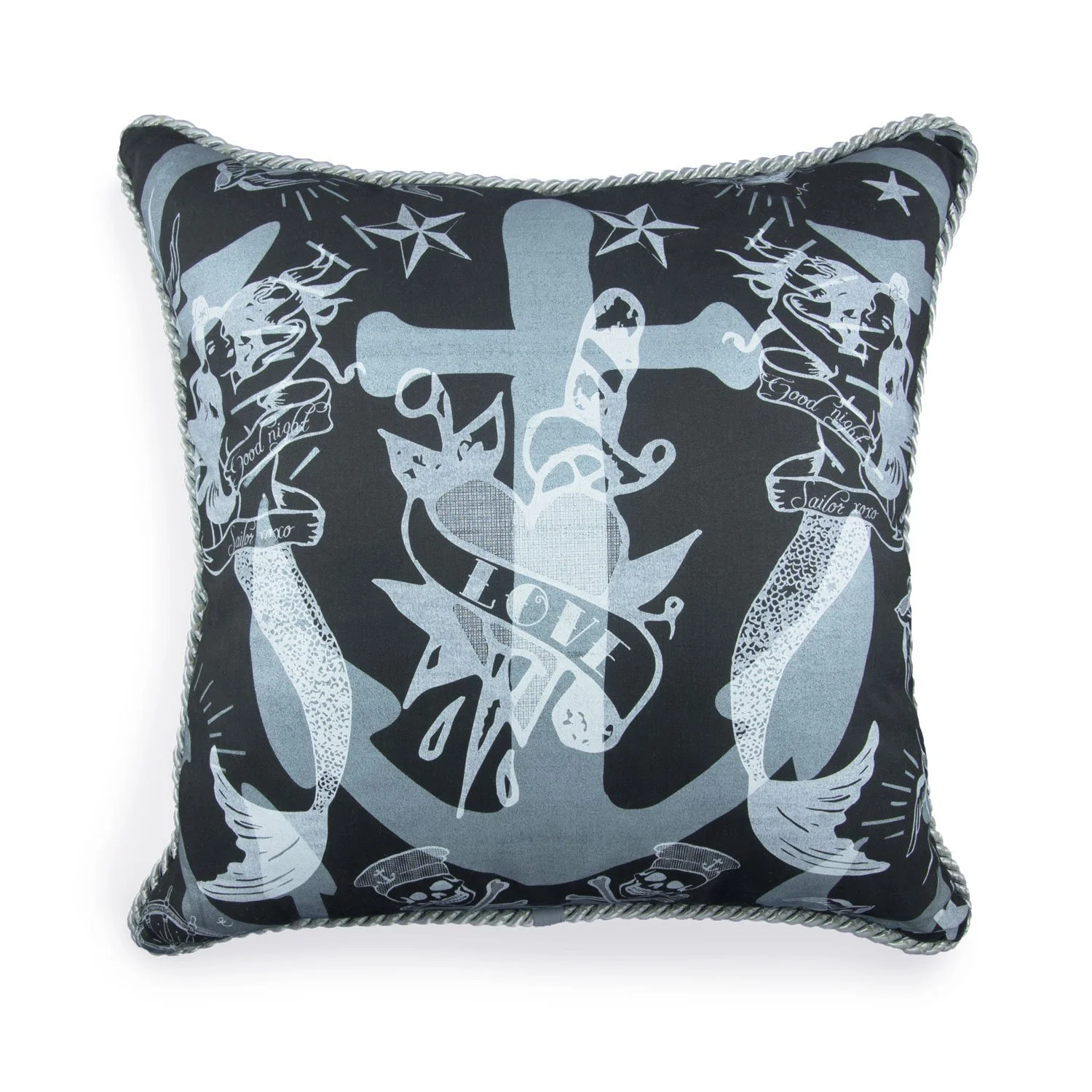 Sailors Ruin Nautical Chic Mermaids 20" Pillow Black And Blue velvet rope trim sailing boat decor living room bedroom cool tattoo art accent pillow