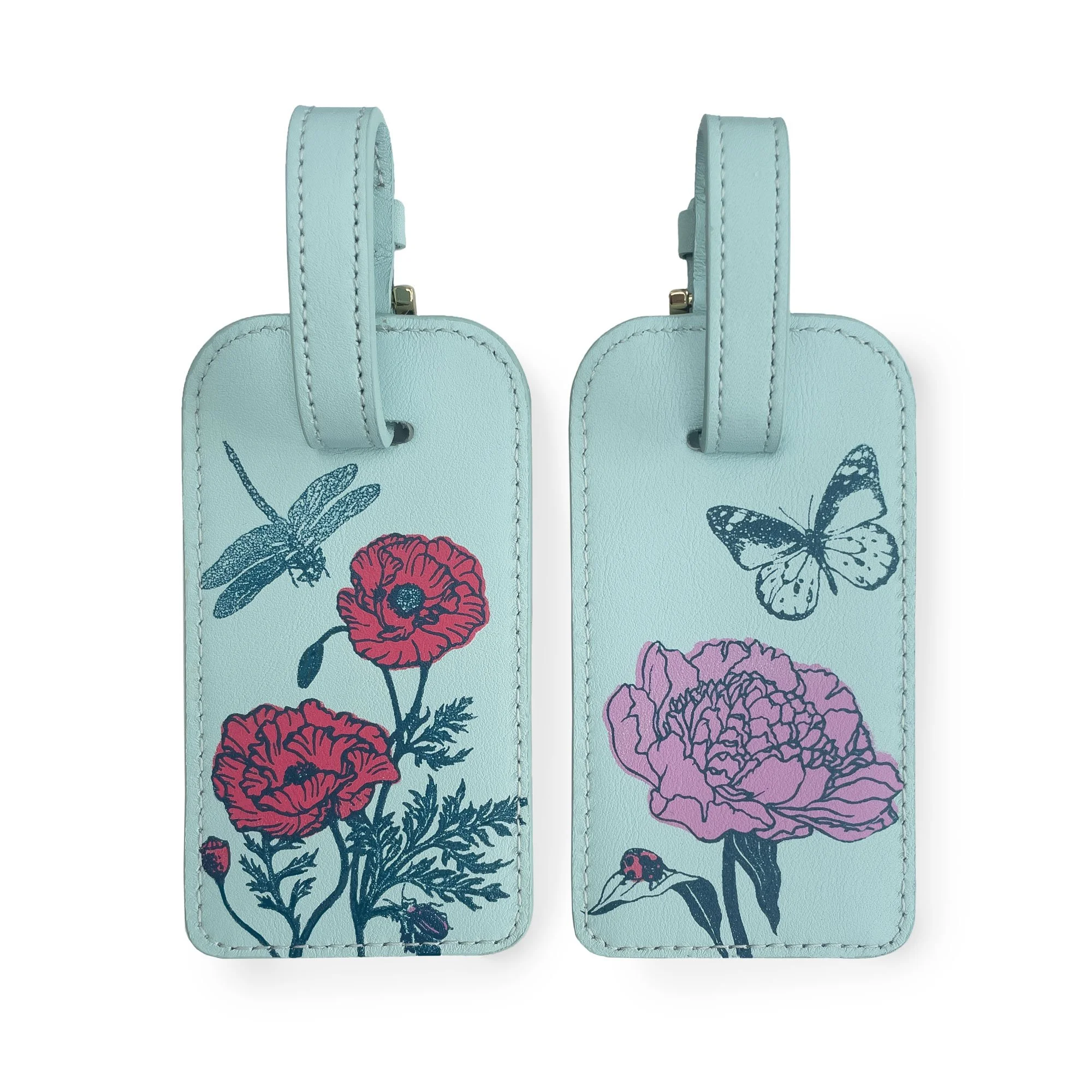Garden Party Blue Leather luggage tag travel gift set - poppy dragonfly peony butterfly, wedding gift, hostess gift , travel accessories, robin egg blue