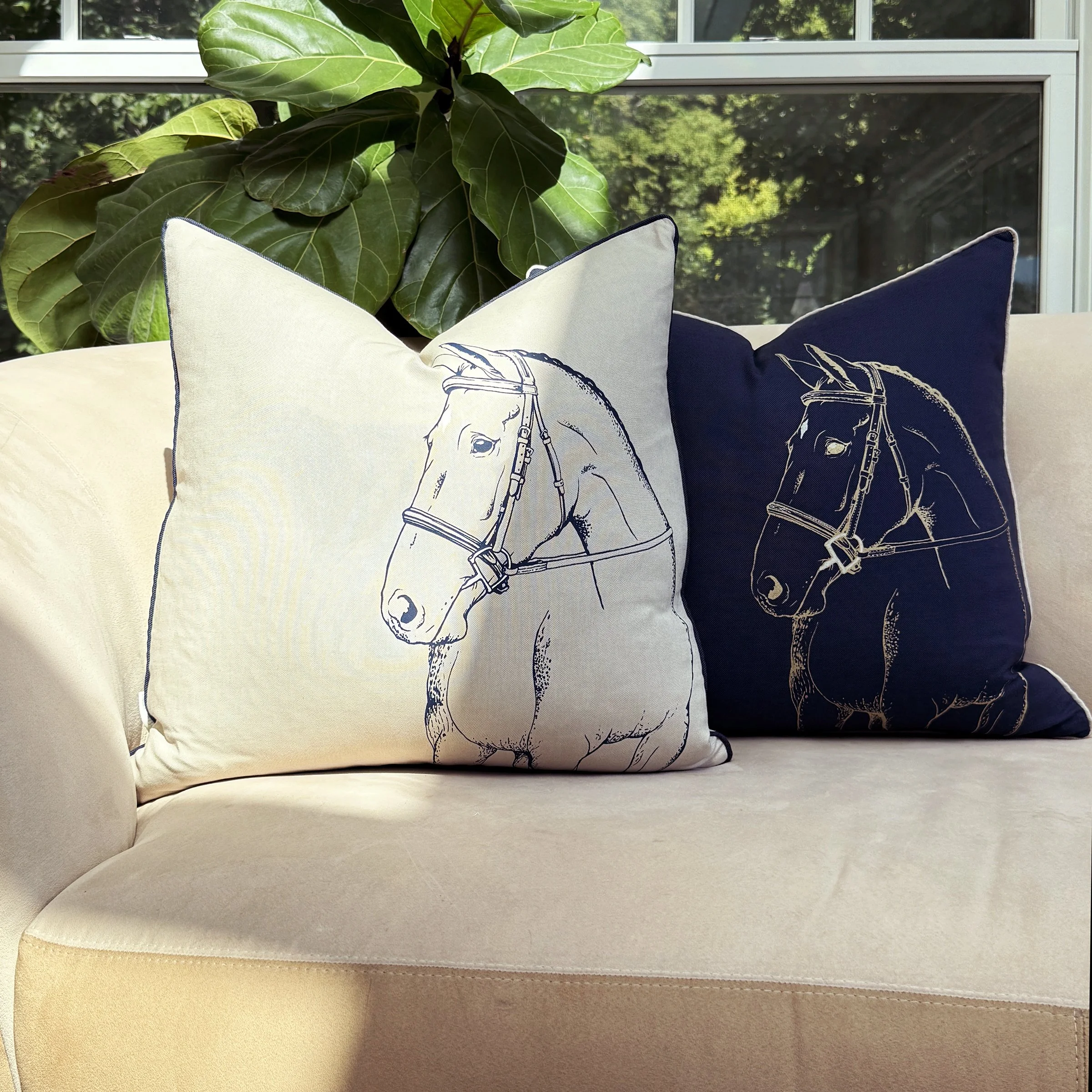 Hunter Horse 20" Throw Pillow, Taupe/Navy and Navy/Gold
