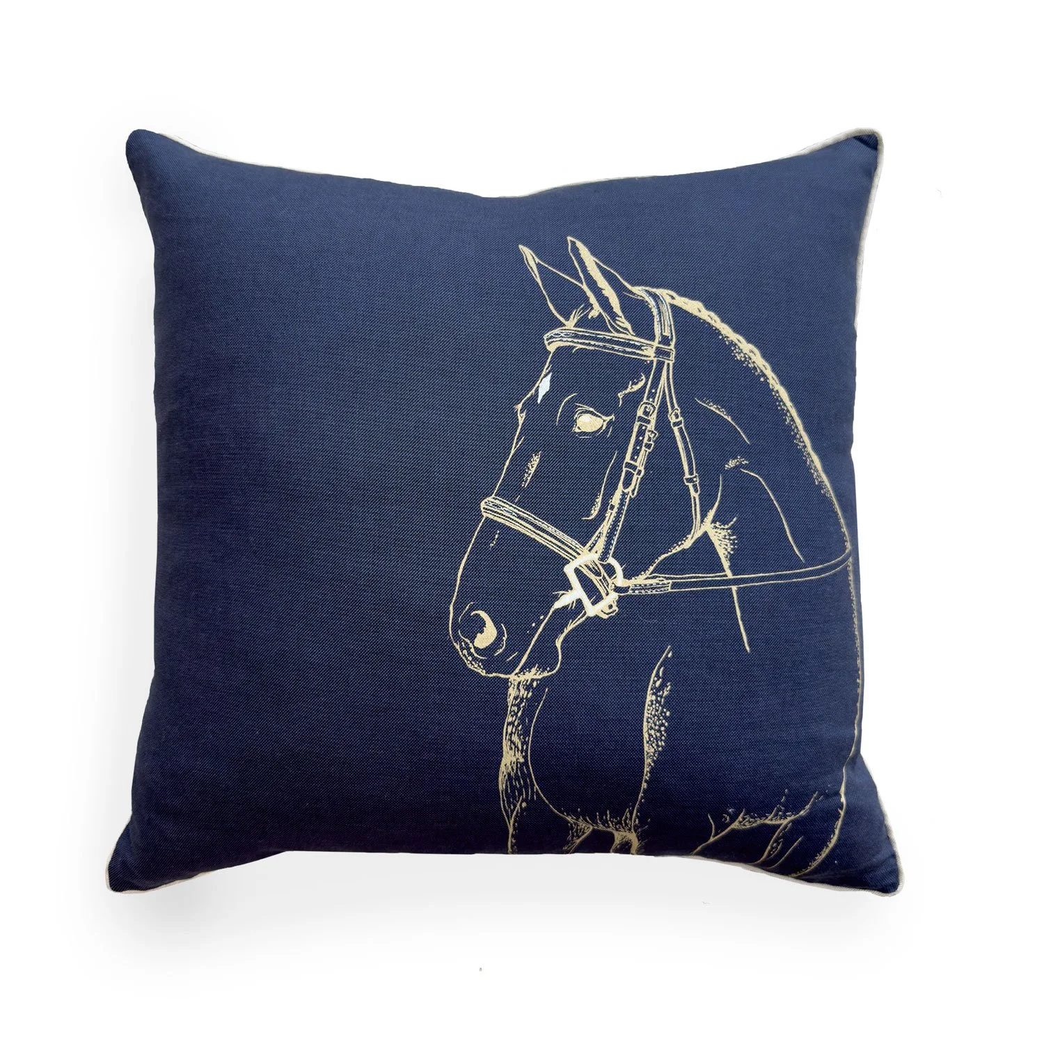 Hunter Horse 20 inch decorative feather throw pillow, equestrian chic country style homes, riding polo,  NavyBlue TaupeTriim