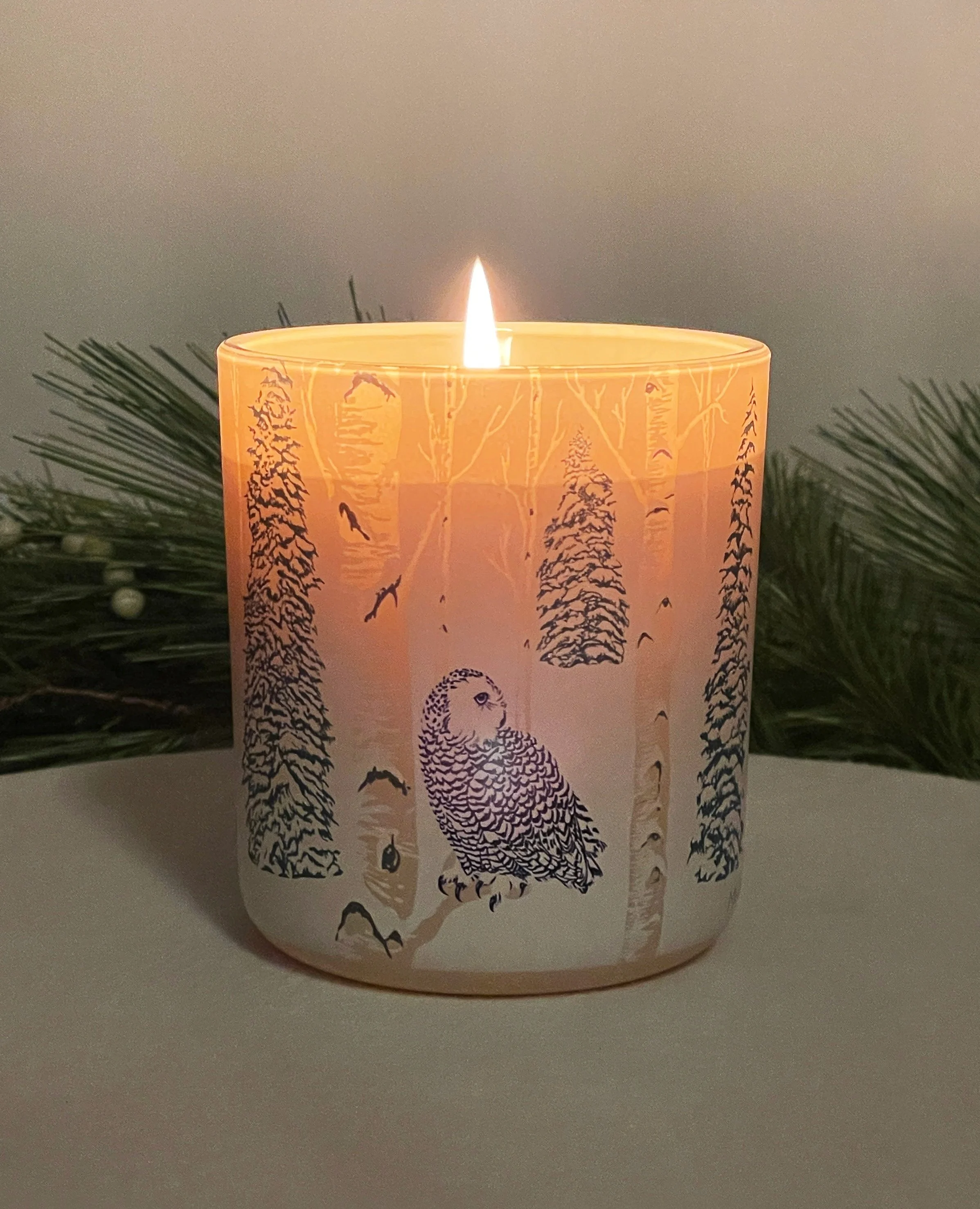 Hand made winter woodland candle, natural clean fragranced candle juniper cypress balsam, decorative scented candle,  owls in a snowy forest, holiday candle, holiday gift, teachers gift